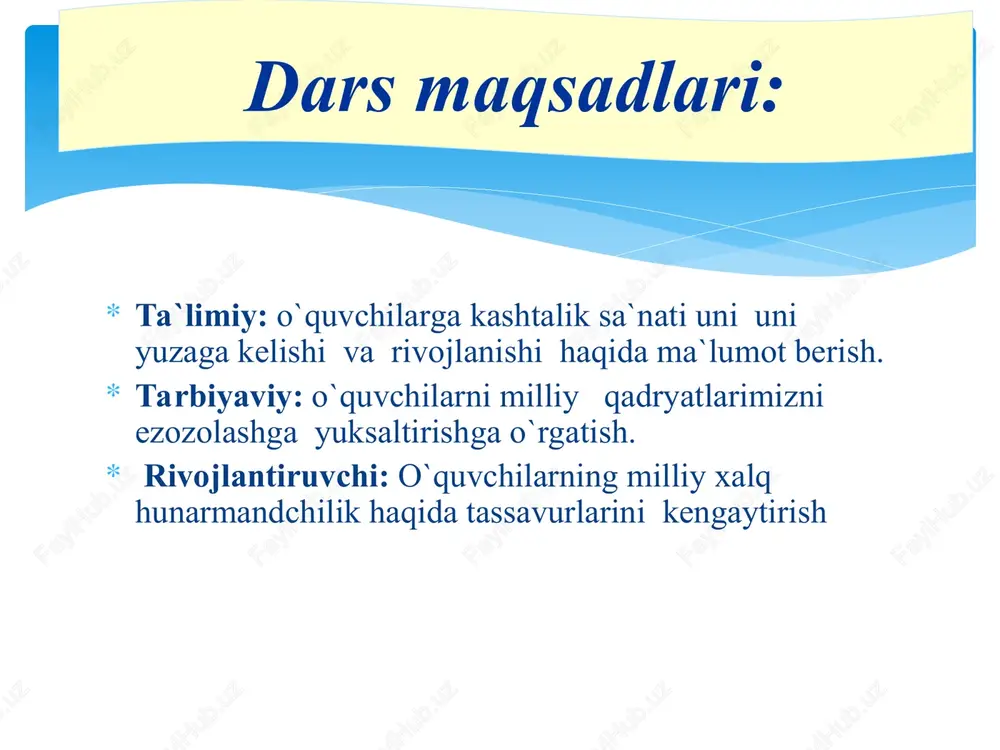 namunalai yaratildi. xalq usullari kashta tikib bezagan buyumlar chiroyli gullari bilan, ranglarning bir biriga mosligi, to`la munosibligi,bajarish usullarining aniqligi bilan ajralib turdi. mamalakatimiz muzeylarida xalq kashtachilarning ko`plab namunalari to`plangan, ayniqsa xix asr kashtachilari eng yahshi saqlanib, shu kunlargacha yetib kelgan.kashtachilikda ishlatiladigan chok na`munalaridan foydalanib kiyimlarni, uy ro`zg`or xona anjomlarini bezatish mumkin. qo`lda kashta tikish uchun oddiy asboblar kerak bo`ladi.bular:igna,angishvona,qaychi,gardish, turli xil mulina iplari.bularning hammasi maxsus qutishada saqlanishi kerak. yangi mavzu bayoni: yangi mavzu bayoni: qaytma chok kashtachilikada chok namunalarini tikish. qaytma chok suv chok iroqsimon chok suv chok iroqsimon chok yo`rma chok popop chok asbob va moslamalar:stol,stul,tikilgan na`munalar , sidig`a gazlama bo`lagi, igna, angishvona, qaychi, santimetr, lenta,texnologig xarita,turli xildagiiplar to`plami. 1.mexnat muxofazasi va texnika xafsizligi, sanitariya gigiyena qoidali takrorlanadi. 2.kashta chok turlari ko`rsatilga texnalogig xarita tarqatiladi. kashtachikda qo`laniladigan chok turlarini tikish kashtachikda qo`laniladigan chok turlarini tikish 3. 20x20sm o`lchamdagi sidirg`a gazlama bo`lagi qirqib olinadi. 4.gazlama bo`lagining chetga qirqimlarning ipi 0,5 …