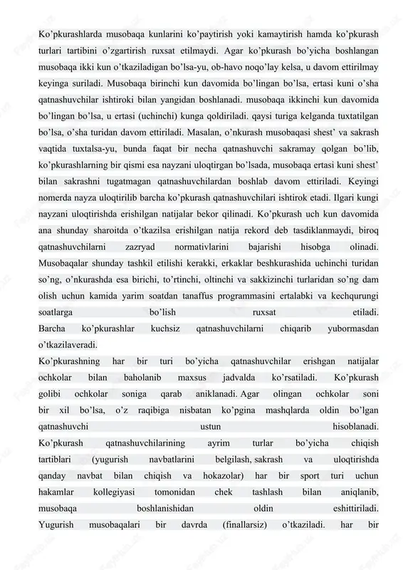 in bo’lgan qatnashuvchi ustun hisoblanadi. ko’pkurash qatnashuvchilarining ayrim turlar bo’yicha chiqish tartiblari (yugurish navbatlarini belgilash, sakrash va uloqtirishda qanday navbat bilan chiqish va hokazolar) har bir sport turi uchun hakamlar kollegiyasi tomonidan chek tashlash bilan aniqlanib, musobaqa boshlanishidan oldin eshittiriladi. yugurish musobaqalari bir davrda (finallarsiz) o’tkaziladi. har bir navbatdagi yugurishda qatnashuvchilar soni 6 tadan oshmasligi kerak. har bir qatnashuvchining 3 ta vaqt o’lchovchi hakam aniqlaydi. eslatma: ba`zi hollardagina har bir qatnashuvchini 2 ta vaqt o’lchovchi hakam qabul qilishi ruxsat etiladi. ko’pkurashning yugurish nomerlarida qatnashuvchi startni 2 marta emas, 3 marta noto’g’ri olganidan so’ng chiqarib yuboriladi. uzunasiga sakrash va uloqtirishda uch martadan harakat qilish (sakrash yoki uloqtirish) imkoniyati beriladi. balandlikka sakrash va shesht bilan sakrashda dastlabki balandlik va undan keyin balandliklar hakamlar kollegiyasi tomonidan belgilanib, musobaqalar boshlangunicha e`lon qilinadi. qatnashuvchilarning shaxsiy musobaqalarda erishgan natijalari ko’pkurash hisobiga kirmaydi. ko’pkurash qatnashuvchilarining soni ko’p bo’lsa, ular 12-16 kishidan qilib guruhlarga bo’linib, har bir guruh …
