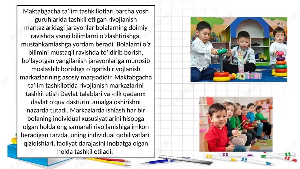 tabiatiga, xalqiga, xalqining o’tmishdagi va hozirgi qahramonligiga, tili va san‟atiga bo’lgan otashin muhabbatini ifodalaydi. qadim zamonlardan buyon xalqning o’z vataniga muhabbati qo’shiqlarda, ertaklarda va sharq mutafakkirlarimizning nodir asarlarida tarannum etib kelinadi. maktabgacha yoshdagi bolalarni o'qitish va tarbiyalashga shaxsan yo'naltirilgan yondashuvga asoslanib, u turli xil bilim sohalariga qiziquvchanlikni rivojlantiradi, hamkorlik ko'nikmalarini shakllantiradi; maktabgacha yoshdagi bolalar, o'qituvchilar, ota-onalarning birgalikdagi qidiruv tadbirlarini tashkil qilishda katta imkoniyatlar ochadi. yillar davomida bolalar bog'chasida yosh avlodni vatanparvarlik bilan tarbiyalash vazifalari bajarildi. bu to'g'ridan-to'g'ri ta'lim faoliyati jarayonida ham, bolalar faoliyatining boshqa turlarida ham (badiiy adabiyot o'qish, videofilmlarni tomosha qilish, qiziqarli odamlar bilan uchrashish, shahar ko'rgazma zaliga ekskursiyalar, kutubxona, tarix-muzey, didaktik va mavzu-rol o'yinlari, viktorinalar va hk.) .). turli xil shakllar, usullar va texnikalar qo'llaniladi. image2.png image3.jpeg image4.jpeg image5.jpeg image6.jpeg image7.jpeg image1.png /docprops/thumbnail.jpeg