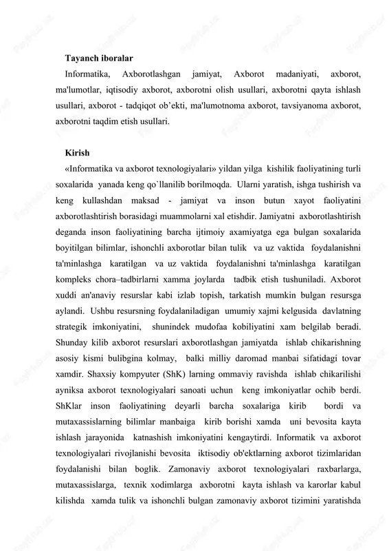 tirdi. informatik va axborot texnologiyalari rivojlanishi bevosita iktisodiy ob'ektlarning axborot tizimlaridan foydalanishi bilan boglik. zamonaviy axborot texnologiyalari raxbarlarga, mutaxassislarga, texnik xodimlarga axborotni kayta ishlash va karorlar kabul kilishda xamda tulik va ishonchli bulgan zamonaviy axborot tizimini yaratishda kumak beradi. milliy iktisodimizga axborot-kommunikatsiyalar texnologiyalarining kirib kelishi, ma'lumotlar bazalarida jamgarilgan axborotlarning xavfsizligini ta'minlash muammosini keltirib chikarmokda. o`zbekiston mustaqillikka erishgandan so`ng uning oldida iqtisodiy va ijtimoiy rivojlanish uchun , madaniy va ma'naviy yangilanish uchun keng yo`llar ochildi. jamiyatimizning turli sohalari rivojlangan bugungi kunda axborotlarning sohalararo, tashkilotlararo almashinuvi masalasi yangi-yangi texnika va texnololgiyalar qo`llash zaruriyatini tug`dirmoqda. respublikamiz mustaqilligi va uning jahon hamjamiyatidagi obro`yining ortib borayotganligi, axborotlarning nafaqat davlatimiz ichida, balki dunyodagi boshqa davlatlar bilan almashinuvi masalasini qo`ymoqda. bu axborotlar respublikamizning iqtisodiy va ijtimoiy ahvolini yuksaltirishga qaratilgan. o`zbekistan respublikasi informatika va hisoblash texnikasi yo`nalganida jahon darajasidagi ilmiy maktablar yaratgani, ularda tadqiqotlar muvaffaqiyatli olib borilayotganligi bilan shartli ravishda fahrlana oladi. "matematika fanining ehtimollar nazariyasi va matematik …