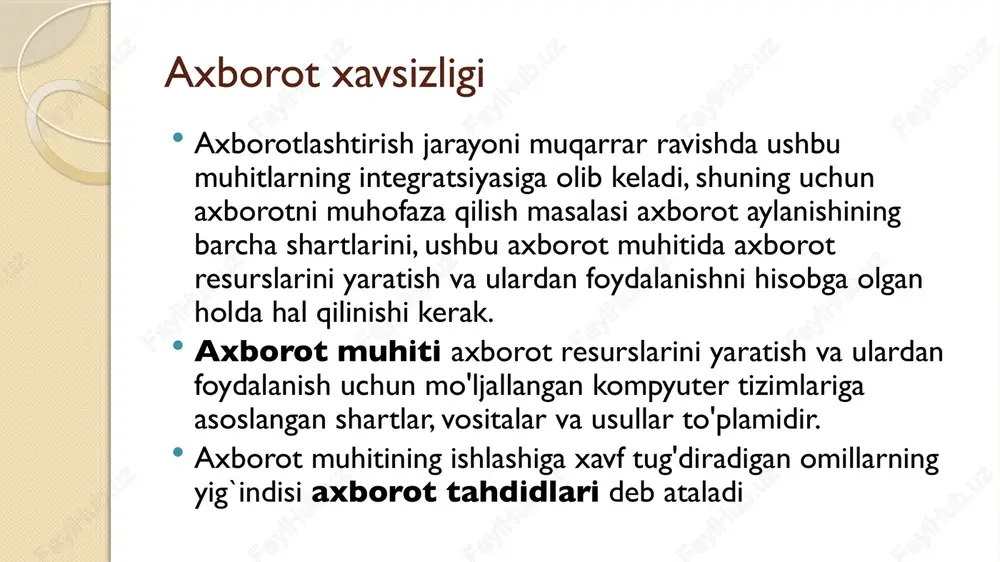 rat qismining tobora ortib borayotgan murakkabligi hisoblanadi. ushbu sabablarni bartaraf etish uchun kompyuter tizimlarida in-shakllanishni himoya qilish uchun dasturiy va apparat usullarini ishlab chiquvchilarning sa'y-harakatlari yo'naltirilgan. etiboringiz uchun rahmat foydalanilgan adabiyotlar roʻyxati 1. g‗aniyev s.k., karimov m.m., toshev k.a. axborot xavfsizligi. darslik. toshkent. - 2016. 2. sh.a.abduraxmonova axborot xavfsizligi. oʻquv qoʻllanm. – toshkent, ―navroʻz‖ nashriyoti. - 2018. 3. s.k.g‗aniev, m.m. karimov, k.a. toshev «axborot xavfsizligi. axborot -kommunikatsion tizimlari xavfsizligi», «aloqachi» 2008 yil 4. richard e.smith. elementary information security. 2nd edition. usa, 2014. 5. kamilov sh.m., masharipov a.k., zakirova t.a., ermatov sh.t., musayeva m.a. kompyuter tizimlarida axborotni ximoyalash. oʻquv qoʻllanma. –t.: tdiu, 2005. image2.jpeg /docprops/thumbnail.jpeg