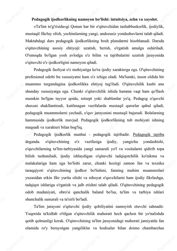 jalb etishni talab qiladi. o'qituvchining pedagogik odob madaniyati, obro'si qanchalik baland bo'lsa, ta'lim va tarbiya ishlari shunchalik samarali va ta'sirli bo'ladi. ta'lim jarayoni o'qituvchi ijodiy qobiliyatini namoyish etuvchi sahnadir. yuqorida ta'kidlab o'tilgan o'qituvchilik mahorati hech qachon bir yo'nalishda qotib qolmasligi kerak. o'qimvchining ta'lim jarayonidagi mahorati jamiyatda fan olamida ro'y berayotgan yangiliklar va hodisalar bilan doimo chambarchas bog'langan holda shakllanib boradi. mamlakatimizda olib borilayotgan ijtimoiy-siyosiy o'zgarishlar ta'lim sohasida o'qituvchi oldiga yuksak vazifalarni qo'ymoqda. zamonaviy ta'lim o'qituvchidan quyidagi vazifalarni e'tiborga olishni talab qiladi: - o'z mutaxassisligi bo'yicha eng so'nggi bilimlardan xabardor bo'lib borish, ta'limni pedagogik texnologiyalar hamda innovatsion texnologiyalardan foydalanib amaldagi o'quv tarbiyaviy jarayon qonuniyatlari asosida tashkil etishi; -ta'limda o'quvchilarning yosh va psixologik xususiyatlarini e'tiborga olib o'z mahoratini, bilimini va qobiliyatini namoyish etishi; - o'quvchilarning qiziqishlari, layoqati va talablarini hisobga olgan holda, ular tomonidan bilimlarni puxta o'zlashtirilishiga sharoit yaratish; - o'quvchilar tomonidan o'rganilayotgan o'quv fanlarining o'zaro aloqadorligini ta'minlash; - ta'limni tarbiyaviy jarayon …