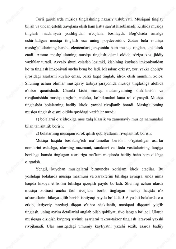 tinglagan musiqa haqida o‘z ta’surotlarini hikoya qilib berish ishtiyoqi paydo bo‘ladi. 5–6 yoshli bolalarda esa erkin, ixtiyoriy tarzdagi diqqat e’tibor shakllanib, musiqani diqqatni yig‘ib tinglash, uning ayrim detallarini anglab olish qobilyati rivojlangan bo‘ladi. ularda musiqaga qiziqish ko‘proq sevimli asarlarni takror-takror tinglash jarayoni yaxshi rivojlanadi. ular musiqadagi umumiy kayfiyatni yaxshi sezib, asarda badiiy obrazning rivojlanib borishini kuzatishni o‘rganib boradilar. yangi asar bilan ilk bor tanishtirishga tarbiyachining qisqa va qiziqarli tushuntiruv so‘zi katta rol o‘ynaydi. cholg‘u kuylari xarakteri va badiiy mazmuni haqida bolalarga tushuncha berilsa, ular asarni yaxshi idrok etadilar. asarni 2– 3 mashg‘ulot davomida takroran tinglashi shart. chunki, har bir tinglashda bola uchun asarning yangi-yangi qirralari namoyon bo‘ladi va asarga nisbatan ularning muhabbati oshib boradi. bog‘chaning tayyorlov guruhlarida bola o‘z yoshiga muvofiq musiqa asarini to‘la idrok etishga qodir bo‘ladi. bog‘chada olingan bilim zaxirasida malaka va ko‘nikmasi, musiqa turlari va uning xarakteri farqiga borishga yordam beradi. shunday qilib, dasturda ko‘zda tutilgan va …