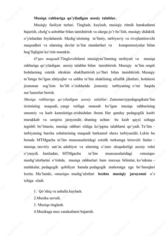 boblarida jur bo’lishdan iborat. mana shu jarayon bir – biri bilan uzviy bog’langan holda o’tilishi maqsadga muvofiqdir. bolalarda yuqori natijalarga erishish uchun musiqa rahbari musiqiy bilimlarni: garmoniya, polifoniya, solfedjio, musiqa nazariyasi, musiqa tarixi, musiqa adabiyoti, musiqiy asar tahlili va yana birorta musiqiy asbobni chalishni bilishi zarurdir. lekin yuqorida aytilgan bilimlarni egallashning o’zi yetarli emas. musiqa rahbari mashg’ulot jarayonida musiqa haqida bolalarga juda qiziqarli, savodli va obrazli qilib, har xil illyustrasiyalarni qo’llagan holda gapirib bera olishi kerak. biror bastakorning asarini o’rganish jarayonida, shu asar haqida, asarning mualliflari haqida, asar yaratilgan davr haqida to’liq ma’lumot bera olishi zarur. asarning ladi, tonligi, tuzilishi, akkordlar funksiyasini va hokazolarni bilishi lozim. bulardan tashqari musiqa rahbari oldiga amaliy vazifalar ham qo’yiladi: 1. berilgan qo’shiqni kuylab bera olishi; 2. kuyga akkomponiment chala bilishi; 3. bemalol transpozisiya qila olishi; 4. dirijyorlik qila olishi kerak va boshqalar... musiqa rahbari nafaqat o’z predmetini, balki falsafa, estetika, psixologiya, pedagogikani yaxshi bilishi …