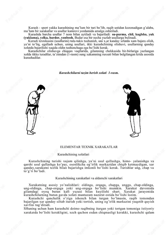 ham kurashchi doimo raqibning itargan yoki tortgan tomoniga ixtiyoriy xarakatda bo’lishi kerakligini, xech qachon esdan chiqmasligi kerakki, kurashchi qalam tashlagan vaqtda juda qisqa fursatda bir oyoqqa tayanib qoladi va og’irlik markazini yuqotib qo’yish xavfi kuchliroq bo’ladi. shuning uchun ham kurashchi hamma vaqtda va xolatda ham to’g’ri xarakatlana olishi kerak. kurashchi doimo bir xil xarakat qilmasligi kerak, aks xolda buni raqib payqab qolib muvaffaqiyatli foydalanishi mumkin. xech qachon gilamda maqsadsiz xarakatlanmasligi kerak. xar qanday xolatda ham gilamda tez yaxshi xarakatlana bilish kerak. aldamchi xarakatlarga gavda, qo’llar va oyoklar xarakatlarini tez-tez almashtirib, rejalashtirilgan xujumni sezdirmaslik, raqib diqqatini boshqa tomonga tortish kabilar kiradi. bunday xarakatlar raqib kut-magan vaqtda usul bajarish imkonini beradi. xar bir nuxta uzlashti-rilgan usulni aniq bajarish uchun 3—4 ta aldovchi xarakatlarni reja-lashtirish kerak. kurashda taqiqlangan (mumkin bo’lmagan) ushlashlar va xarakatlar 1. kurashda xech qachon belbog’dan pastdan ushlanmaydi, ya’ni oyog’idan, ishtonidan. 2. kurashda raqib kallasidan yoki bo’yidan ikkala qo’l bilan ush​lanmaydi …