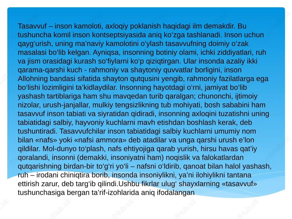 gandan keyin, kishi hech narsadan tap toptmaydi, xarom-xarishdan hazar emay, boshqalar hisobiga bo‘lsa ham yaxshi yashashni o‘ylaydi. oqibatda u zolim, berahm riyokor bo‘lib qoladi. shuning uchun tasavvuf talab etgan tiyilish, qanoat, sabru faqirlik tariqida gap ko‘p. «dunyoga bir marta kelasan, oladiganingni olib qol», – ilgaridan ma’lum falsafa bu. «hamma narsa ravo» falsafasi odamni iymonu e’tiqoddan ayirib, yulg‘ichlik va talon-tarojga fatvo beradi, vahshiylik instinktini kuchaytiradi.komil inson – bir ideal, barcha dunyoviy va ilohiy bilimlarni egallagan, ruhi mutloq ruhga tutash, fayzu karomatdan serob, surati saranjom, qalbi ezgu tuyg‘ularga limmo-lim pokaza zot, navoiy tili bilan aytganda:tasavvuf ahli sig‘ingan ideal – komil inson aslida xalq ideali, adabiyot ideali edi. bu hayotbaxsh ta’limotning peshvolari yozib qoldirgan asarlar, so‘fiyona ruhdagi she’r-u dostonlarni mutolaa qilar ekanmiz, yorug‘likning zulmga, xayrning sharrga, fayzu kamolning nuqsu noqislik, kaltafahmlik va nodonlikka qarshi omonsiz jangiga guvoh bo‘lamiz. komil inson inson qalbiga yo'l avvalo ta'lim-tarbiyadan boshlanadi. shu o'rinda beixtiyor buyuk bobokalonimiz mahmudxo'ja behbudiyning …