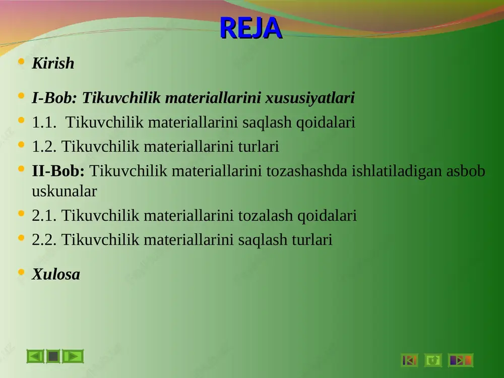 ullari har xil ko’rinishda ko’rsatilgan va uni turli amalda qo’lash usullariga bog’liqligi tahlil qilingan. har bir usulga amaliy misollar keltirgan. i-bob. tikuvchilik materiallarini xususiyatlari 1.1 tikuvchilik materiallarini saqlash qoidalari. turli xil variantlar orasida iste'molchining e'tiborini tikuvchilikda ishlatiladigan matolarning xususiyatlari jalb qiladi. ko'pincha bu: polyester polyester tolalardan tayyorlangan arzon sintetika. yuzasi koʻrinishi boʻyicha junga, xossalari boʻyicha paxtaga oʻxshaydi. arzon kiyimlarni tikish imkonini beruvchi o'ziga xos xususiyatlar - bu mustahkamlik, aşınma qarshilik va mahsulotlarning asl qiyofasini uzoq vaqt saqlab turish qobiliyati. bundan tashqari, matoning xarakteristikalari kiyimni parvarish qilishni minimallashtirib, yuvishni osonlashtiradi. materiallar tez quriydi va harorat ta'sirida shaklini osongina o'zgartiradi. bu dizaynerlar uchun burmalar yaratish, kiyim-kechak, pardalar, pardalar va boshqalarni bezash uchun keng imkoniyatlar ochadi. tikuvchilik materiallarining bichishga tayyorlash ishlari tayyorlov sexida amalga oshiriladi. tayyorlov sexida asosiy vazifasiga ko’ra quyidagi ishlar bajariladi: 1. keltirilgan tikuvchilik materiallarilarni tushirish va qabul qilib olish. 2. qabul qilib olingan tikuvchilik materiallarilarni omborga joylash va vaqtincha saqlash. …