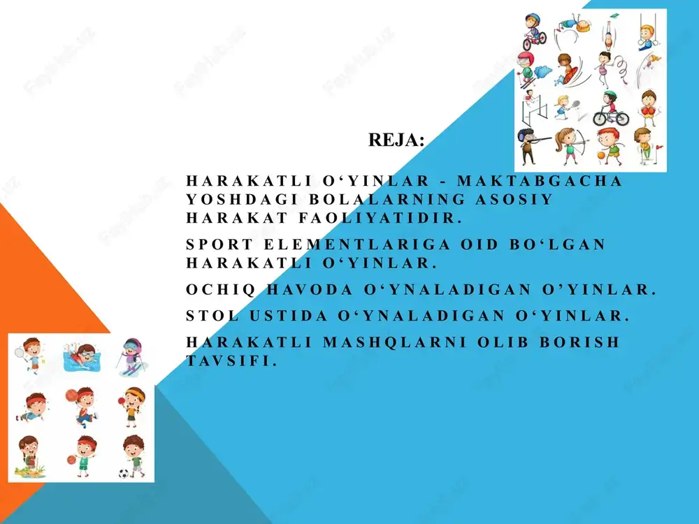 holati ham hisobga olinadi. faol harakatli o‘yinlar sovuq havoda o‘rtacha harakat harakteridagi faoliyat turlari bilan almashtirib turiladi. harakat faoliyati harakteri va sur’atini almashtirib turish bolalar uchun dam olish imkonini yaratadi va sovqotishning ham, issiqlab ketishning ham oldini oladi, psixikasining ijobiy emotsional holatini saqlab turadi. bolalarning qish faslidagi ochiq havodagi mazmunli faoliyati chiniqishlariga yordam beradi, organizmning sog‘lomlashuviga yaxshi ta’sir qiladi.yozda, bolalar vaqtlarini asosan ochiq havoda o‘tkazganlari uchun ularning kiyim-boshlari ham yengillashtiriladi (trusiklar, panamkalar va yengil tuflilar), xilma-xil harakatlar bolalar sog‘lig‘ini yaxshilaydi, ularda hayotiy zavq uyg‘otadi. toza sof havo da va quyoshdagi harakatlar bola organizmini mustahkamlaydi, funksional jarayonlar dinamikasini kuchaytiradi. yilning bu faslida ham xilma-xil harakatli o‘yinlardan foydalaniladi, biroq tarbiyachi bolalar issiqlab, qizib ketmasliklarini diqqat bilan kuzatib boradi. sport elementlariga oid bo‘lgan harakatli o‘yinlar sport o‘yinlariga voleybol, basketbol, sharcha, badminton, lapta, stol tennisi, futbol, xokkey kiradi. bolalar bog‘chasida katta va maktabgacha tayyorlov guruhlarida sport o‘yinlarini o‘tkazish mumkin. ular bolalar musobaqa, o‘yin estafetasi …