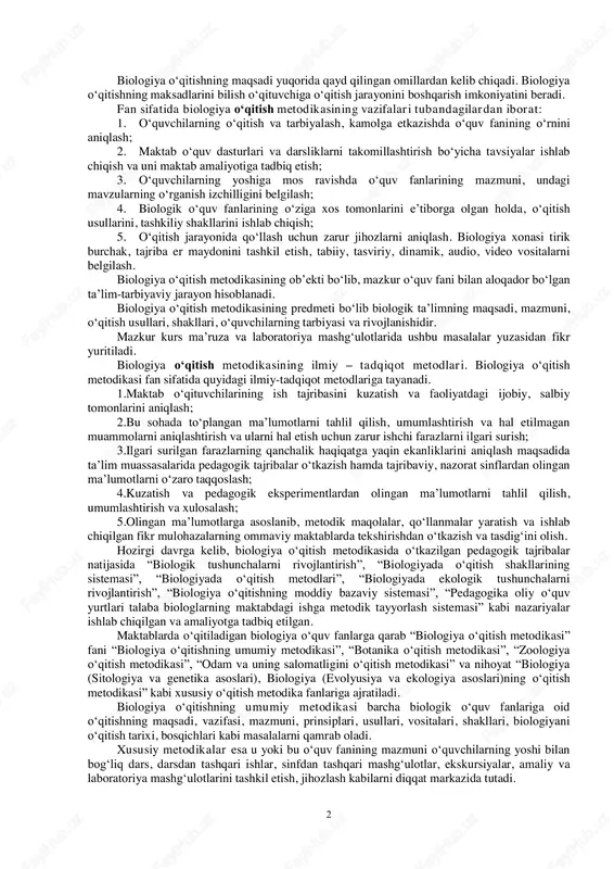 maqsadning aniqligi, o‘rganish predmeti, bilimlarni bilish usullari va shakllari hisoblanadi. shu bilan birga fanning rivojlanish tarixi, uning boyishiga sababchi bo‘lgan kashfiyotlarni bilish ham muhim sanaladi. biologiya o‘qitish metodikasi pedagogik fanlar tarkibiga kiradi. shu sababli uning oldida turgan maqsad va vazifalar ham umumpedagogik maqsad va vazifalardan kelib chiqadi. biologiya o‘qitish metodikasi barcha o‘quv fanlarga taaluqli bo‘lgan pedagogik qoidalarni, biologik o‘quv materialiga tadbiq etishga yo‘nalgan. shu bilan bir qatorda biologiya o‘qitish metodikasi tabiiy, ilmiy, biologik, psihologik, pedagogik bilimlarni o‘zida mujassamlashtiradi. biologiya o‘qitish metodikasi biologiya o‘quv fanining o‘qitish maqsadini, mazmunini, biologik bilimlarning tanlash prinsipini belgilab beradi. biologiya o‘qitishning hozirgi davrda samarali bo‘lishi o‘quvchilarning o‘quv, mehnat va jamoat faoliyatlarida qatnashishi uchun zarur bo‘lgan biologik bilimlar, ko‘nikmalar, malakalarni egallaganliklari bilan belgilanadi. ular esa o‘z navbatida o‘quvchilarning tarbiyalanganlik natijasida, dunyoqarashi, e’tiqodi, tabiat, jamiyat va shaxsga bo‘lgan munosabatida namoyon bo‘ladi. o‘quvchilarning rivojlanish darajasi, qobiliyati, jismoniy va aqliy jihatdan takomillashtirishga bo‘lgan extiyoji bilan ifodalanadi. 2 biologiya o‘qitishning maqsadi …