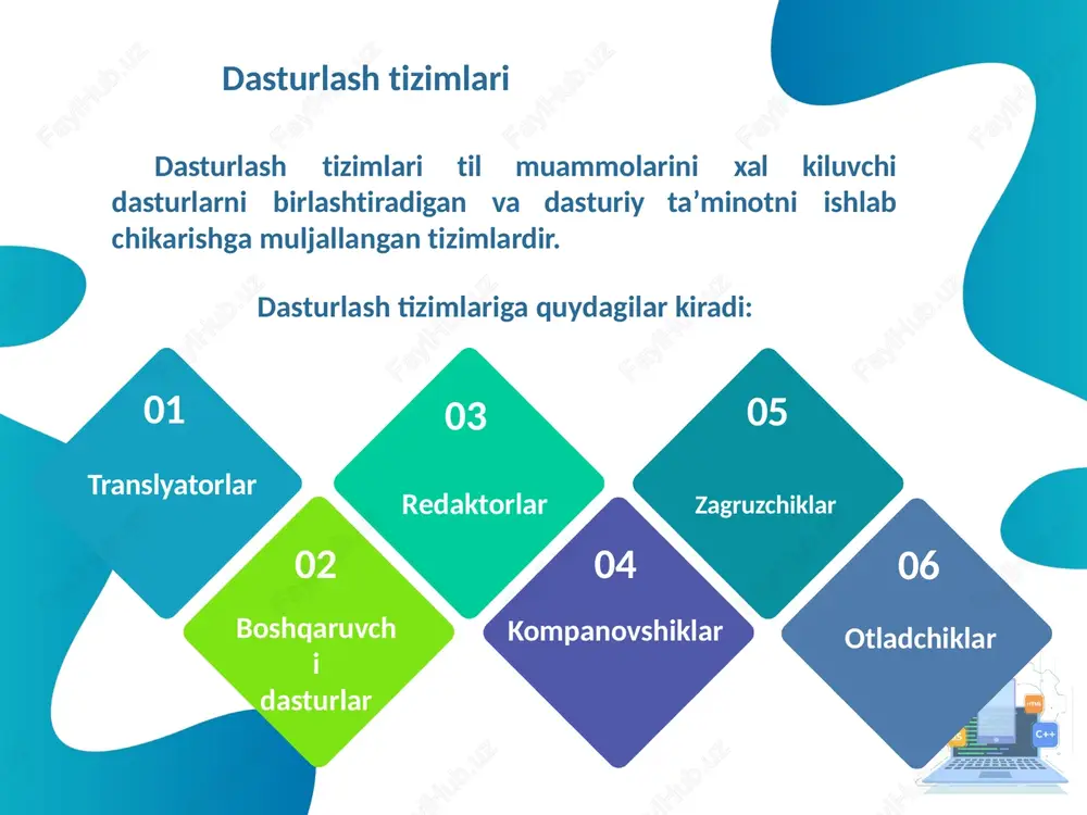 ozirda bir necha xil identifikatorlar jadvali mavjud. utish – bu tashqi xotiradan berilganlarni oxirgi uqish jarayoni, ularni qayta ishlash va tashki xotiraga joylashtirish. kompilyatsiyaning bir fazasi - bir utishdir. tizimli kayta ishlovchi dasturlarning asosiy funktsiyalari va tarkibi 1- assembler 2 – aloqa redaktorlar va yuklovchilar 3 - makroprotsessorlar 4 - translyatorlar (tarjimonlar) 5 – til konvertorlari 6 – redaktorlar va matn protsessorlari 7 - otladchiklar 8 - dizassembler 9 – kross sistemalar 1. assembler – bu tizimli qayta ishlovchi dastur boʼlib, u biron bir mashinaga muljallangan dasturlash tilida yozilgan dastur matnini obʼekt kodiga aylantirish uchun muljallangan. (assembler tilidagi matn direktivalar va ismlardan tashkil topadi, mashina kodi esa fakat baytlardan tashkil topadi.); 2. aloqa redaktorlari – bu shunday tizimli qayta ishlovchi dasturki, ular assembler yordamida alohida olingan obʼekt modullarini yagona modulga birlashtirishga muljallangan. aloka redaktori chegarasida barcha adres yunalishlari yagona adreslar fazasiga urnatiladi. 3. makroprotsessorlar – bu shunday dasturlarki, ular belgili …