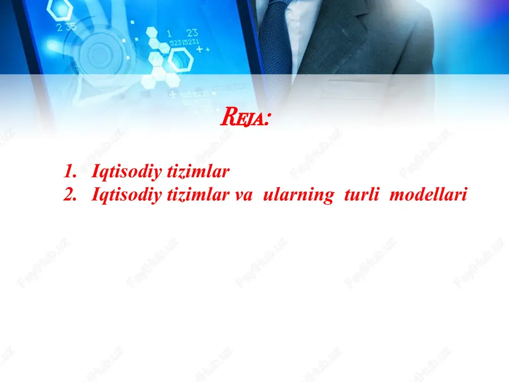 likda rejalashtirish, hamkorlik va saxovatga asoslangan iqtisodiy aloqalar mavjud bo`ladi. iqtisodiyoti yuksak texnologiya, g`oyat yuqori mehnat unumdorligiga asoslanadi, bu esa moddiy to`kinchilikni ta`minlaydi. aholining ko`pchiligi mulk sohibiga aylanadi, davlat o`z siyosati bilan iqtisodiyotga faol ta`sir etadi. rejali yoki buyruqbozlik-ma`muriy iqtisodiyot tizimi. bu to`la-to`kis davlatlashtirilgan iqtisodiy tizimdir. uning asosi davlat mulki hisoblanadi, ishlab chiqarish davlatning reja-topshiriqlariga binoan yurgiziladi, nima ishlab chiqarish masalasi davlatning buyrug`iga binoan hal etiladi. a‘anaviy iqtisodiyot - barcha mamlakatlar uchun xos bo’lib, unda natural yoki mayda tovar xo’jaligi xukmronlik qilgan. texnika taraqqiyoti va uning yangiliklarini joriy qilish cheklangan bo’lgan. ma‘muriy-bo’yruqbozlik iqtisodiyoti - bu bozor iqtisodiyotiga qarama-qarshi bo’lgan tizim bo’lib, bu tizimda davlat mulkchiligi hukmron bo’ladi va iqtisodiyot markazdan boshqariladi. bozor iqtisodiyoti tizimi – bu iqtisodiyotni rivojlantirishda eng muhim bo’lgan tizimdir. bu ikki bosqichga egadir. birinchisi, erkin raqobatga asoslagan klassik bozor iqtisodiyoti, ikkinchisi esa, hozirgi zamon rivojlangan bozor iqtisodiyoti bo’lib, uni aralash iqtisodiyot tizimi deyiladi. erkin raqobatga asoslangan bozor …