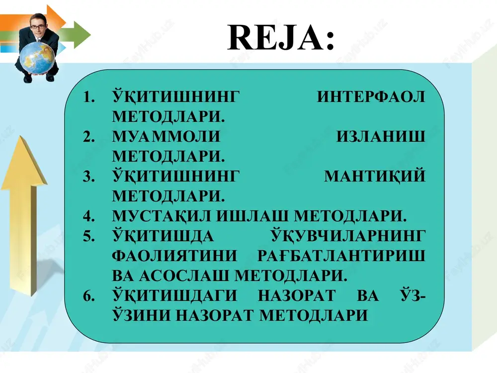 buning uchun o‘qituvchi mazkur metodlarning o‘ziga xos xususiyatlari, ular tarkibiga kiradigan metodik uslublarni to‘g‘ri anglashi va o‘z o‘rnida samarali foydalanish ko‘nikmalarini egallagan bo‘lishi lozim. muammoli izlanish metodlari dars davomida izchil va maqsadga yo‘naltirilgan holda vujudga keltirilgan muammoli vaziyatlarni o‘quvchilar avval o‘zlashtirgan bilim va ko‘nikmalarini yangi vaziyatlarda qo‘llashi orqali o‘quv materialini faol o‘zlashtirishiga xizmat qiladi. muammoli izlanish metodlari muammoli-izlanish xarakteridagi suhbat metodidan foydalanganda: muammoli hikoya metodidan foydalanganda: muammoli-amaliy metoddan foydalanganda: bu metodlar muammoli vaziyatlarni yaratish, muammoli savollar zanjirini tuzish, muammoli topshi-riqlar tuzish va tajribalar o‘tkazish, muammoli vaziyatlarni xal etish yuzasidan o‘quv farazlarini hosil qilish, o‘quv farazlarini isbotlash, ob’yektlarni taqqoslash, mantiqiy mulohaza yuritish, o‘quv-tadqiqot tajriba-larini o‘tkazish, o‘quv xulosalari va umumlashmalarini ta’riflash uslublarini o‘z ichiga oladi. mantiqiy metodlar tasnifi mantiqiy metod muammoli vaziyatni vujudga keltirish tarbiya­viy umumlash­tirish bosh g'oyani ajratish tahlil funktsiyalari ta'li­miy nazorat undovchi uyushtiruv­chi rag'batlan­tirish rivojlanti-rish abstrakt tafakkurni rivojlantirish, aqliy faoliyat usullarini egallash qiyoslash umumlashtirish muammoli vaziyatni tahlil qilish bosh g'oyani …