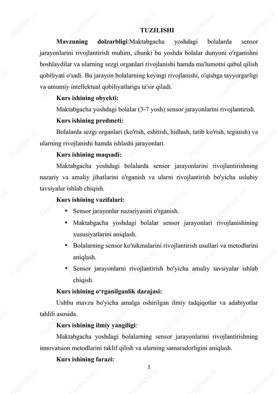 rayonlarni rivojlantirish dasturlari bolalarning intellektual va hissiy rivojlanishini sezilarli darajada oshirishi mumkin. kurs ishining nazariy va amaliy ahamiyati: kurs ishi natijalari maktabgacha ta'lim muassasalarida sensor jarayonlarni rivojlantirish bo'yicha uslubiy tavsiyalar ishlab chiqish va amaliyotga joriy etish uchun muhim. kurs ishining metodlari: adabiyotlar tahlili, kuzatish, tajriba o'tkazish, anketalar yordamida ma'lumot to'plash, statistik tahlil. kurs ishining tuzilishi: kurs ishi kirish, adabiyotlar sharhi, tadqiqot metodlari, natijalar va tahlil, xulosa va tavsiyalardan iborat. mundarija kirish………………….…………………………………………………………5 i bob. maktabgacha yosh davrida sensor jarayonlarni rivojlantirishning nazariy asoslari…………………………….7 1.1.maktabgacha yoshdagi bolalarda sensor jarayonlarning rivojlanish xususiyatlari……………………………………………………….………………7 1.2.sensor jarayonlarni rivojlantirishning zamonaviy metodlari…...………..11 ii bob.kichik va o‘rta guruhlarda sensor tarbiya berishning o‘ziga xos xususiyatlari…………………………….16 2.1.katta va maktabga tayyorlov guruhlarda sensor tarbiya berishning ahamiyati…………………………………………………………………………16 2.2.mashg’ulotlar jarayonida sensor tarbiya usullaridan foydalanish………31 xulosa va tavsiyalar…………………………………………………..37 foydalanilgan adabiyotlar………………………………………..39 kirish yangi talablarga javob beruvchi zamonaviy, islohlashgan maktabgacha ta’lim muassasasi tarbiyachisining yuksak bilim va kasbiy mahoratga ega bo‘lishi talab etiladi. nag bir ota-ona o‘z farzandini eng …