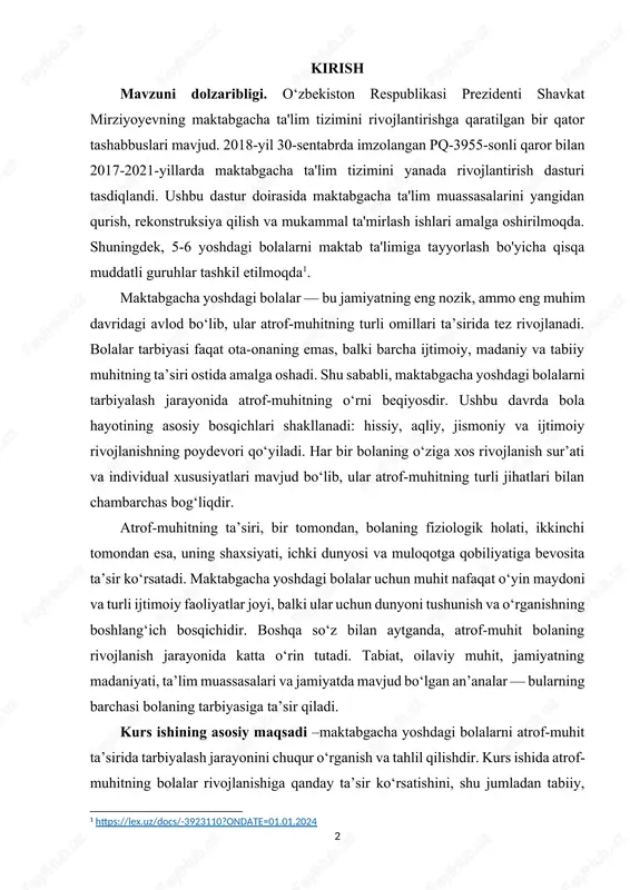a ta'lim muassasalarini yangidan qurish, rekonstruksiya qilish va mukammal ta'mirlash ishlari amalga oshirilmoqda. shuningdek, 5-6 yoshdagi bolalarni maktab ta'limiga tayyorlash bo'yicha qisqa muddatli guruhlar tashkil etilmoqda[footnoteref:1]. [1: https://lex.uz/docs/-3923110?ondate=01.01.2024 ] maktabgacha yoshdagi bolalar — bu jamiyatning eng nozik, ammo eng muhim davridagi avlod bo‘lib, ular atrof-muhitning turli omillari ta’sirida tez rivojlanadi. bolalar tarbiyasi faqat ota-onaning emas, balki barcha ijtimoiy, madaniy va tabiiy muhitning ta’siri ostida amalga oshadi. shu sababli, maktabgacha yoshdagi bolalarni tarbiyalash jarayonida atrof-muhitning o‘rni beqiyosdir. ushbu davrda bola hayotining asosiy bosqichlari shakllanadi: hissiy, aqliy, jismoniy va ijtimoiy rivojlanishning poydevori qo‘yiladi. har bir bolaning o‘ziga xos rivojlanish sur’ati va individual xususiyatlari mavjud bo‘lib, ular atrof-muhitning turli jihatlari bilan chambarchas bog‘liqdir. atrof-muhitning ta’siri, bir tomondan, bolaning fiziologik holati, ikkinchi tomondan esa, uning shaxsiyati, ichki dunyosi va muloqotga qobiliyatiga bevosita ta’sir ko‘rsatadi. maktabgacha yoshdagi bolalar uchun muhit nafaqat o‘yin maydoni va turli ijtimoiy faoliyatlar joyi, balki ular uchun dunyoni tushunish va o‘rganishning …