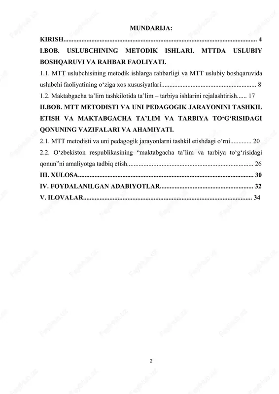 id boy tarixiy tajribasini o‘rganish va uning yangi shaxsning tarkib toptirishning ijtimoiy turmushga tadbiq etish muhim axamiyat kasb etadi. prezidentimiz sh.m.mirziyoyev “farzandlarimiz tarbiyasida eng asosiy bo‘g‘in hisoblangan maktabgacha ta’lim tizimining jamiyatimiz hayotidagi o‘rin va ahamiyatini hech narsa bilan o‘chab bo‘lmaydi”- deb aytgan. 1 bundan ko‘rinib turibdiki bugungi kunda maktabgacha yoshdagi bolalarni o‘ziga xos xususiyatlarini o‘rganish, barkamol avlodni tarbiyalash muhim ahamiyat kasb etadi. maktabgacha ta’lim-bolaning individual va yosh xususiyatlarini inobatga olgan holda uning jismoniy va psixik rivojlanishini ta’minlovchi, uni uzluksiz ta’limning keyingi bosqichi - maktabga borishiga zamin yaratuvchi, har tomonlama maqsadli yo‘naltirilgan ta’lim va tarbiya jarayonidir. maktabgacha ta’lim tashkiloti nizomida uslubchining huquq va vazifalari aniq belgilab berilgan. u ta’lim-tarbiya uslublarini mukammal egallagan, siyosiy ongi, dunyoqarashi keng, yuksak ma’naviy fazilatlar sohibi, tadbirkor, kamida bitta xorijiy tilni biladigan pedagoglar orasidan tayinlanadi. uslubchi hamkasblarining hurmatini qozonish va ularga o‘z vazifalarini muvaffaqiyatli bajarishlarida yordam berish uchun muayyan rahbarlik salohiyatiga ham ega bo‘lishi lozim. u nafaqat …