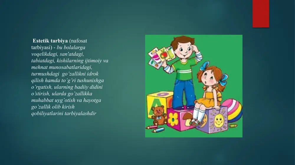 irish va san'atning. ma'lum turlari bo’yicha ijodiy faoliyatni, ijrochilik qobiliyatini rivojlantirishga qaratilgandir. uning natijasi fikrning paydo bo’lishida, uni amaliy faoliyatda qo’llashda, o’z bilim va ta'surotlarini qo’ra bilishda, histuyg’ulari va fikrlarini samimiyat bilan ifodalashda namoyon bo’ladi. bolalarda estetik idrokning rivojlanishi uchun ularni haqiqiy san’at asarlari bilan tanishtirish zarur. radio, oynai jahonda san’at ustalari va tengdoshlari ijro etgan asarlar bolalarning estetik rivojlanishida katta yordam beradi. bolalarning badiiy qobiliyatlarini tarbiyalash masalasi ularning ijodiy o‘sishi bilan chambarchas bog‘liqdir. shuning uchun bolaga o‘rgatish, undagi ijodiy tashabbusni rivojlantirish ishi bir-biri bilan uzviy aloqada amalga oshirilishi lozim. pedagog tarbiyaviy nuqtai nazardan yondashib, bola ijodining eng birinchi, hali to‘liq namoyon bo‘lmagan tomonini seza bilishi va baholay olishi kerak, bu bilan u boladagi kamolot yo‘lini to‘g‘ri belgilashi mumkin. bolaning estetik tarbiyasi bolaning yoshi va qobiliyatini inobatga olgan holda rivojlangan tizimga muvofiq amalga oshirilishi kerak. misol uchun, ota-onalar maktabda o'qiyotgan o'quvchilarni atrof muhitga jalb qilish, modellash, teatr, badiiy o'qish, adabiy, …