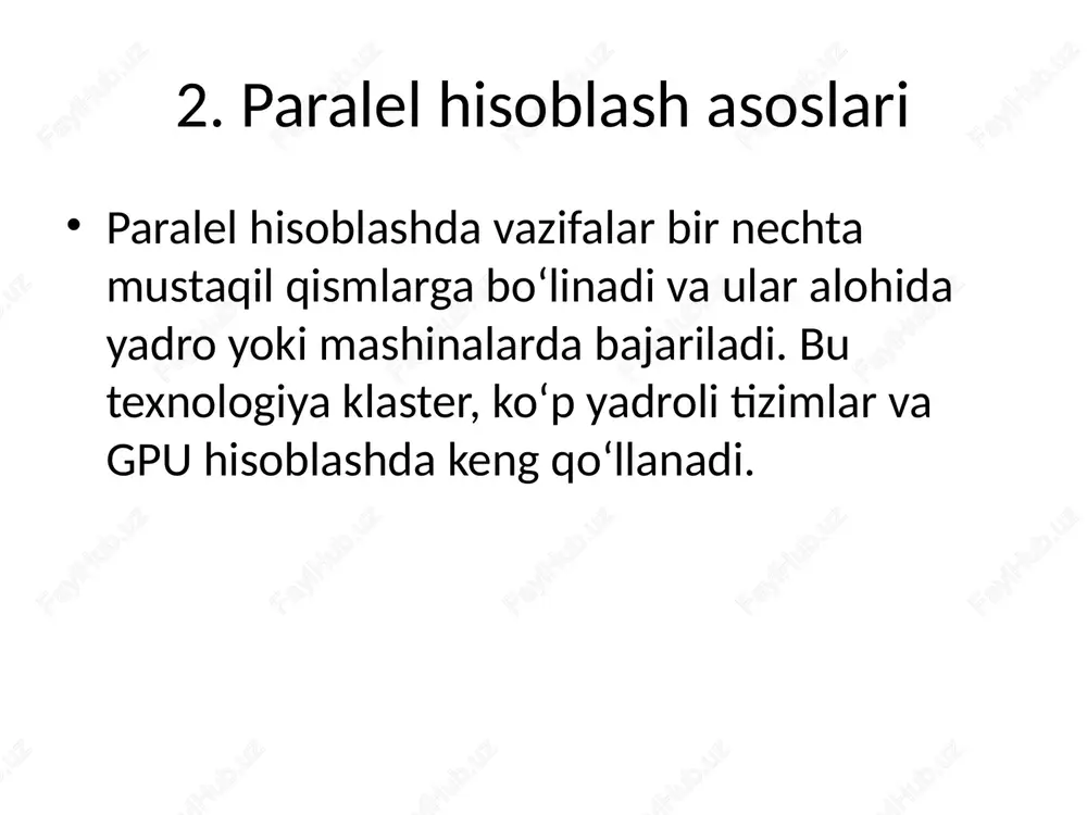 ventsial — dasturlashdan murakkabroq. xatolarni aniqlash, sinxronizatsiyani to‘g‘ri tashkil etish va deadlocklardan qochish qiyin masalalardir. 11. optimallashtirish usullari • muammolarni kamaytirish uchun samarali sinxronizatsiya, caching strategiyalari, task scheduling va profiling texnikalari qo‘llaniladi. 12. xulosa • paralellashtirish texnologiyasi hisoblashni tezlashtiradi, ammo u bilan birga ko‘plab muammolarni ham keltirib chiqaradi. to‘g‘ri yondashuv va algoritmik yechimlar yordamida bu cheklovlar kamaytiriladi. 1. kirish 2. paralel hisoblash asoslari 3. paralellashtirishning maqsadi 4. sinxronizatsiya muammolari 5. ma’lumot almashishdagi kechikishlar 6. yadro va protsessor cheklovlari 7. xotira muammolari 8. bottleneck (tiqilish) holatlari 9. yuklamani teng taqsimlash 10. dasturlashdagi murakkabliklar 11. optimallashtirish usullari 12. xulosa