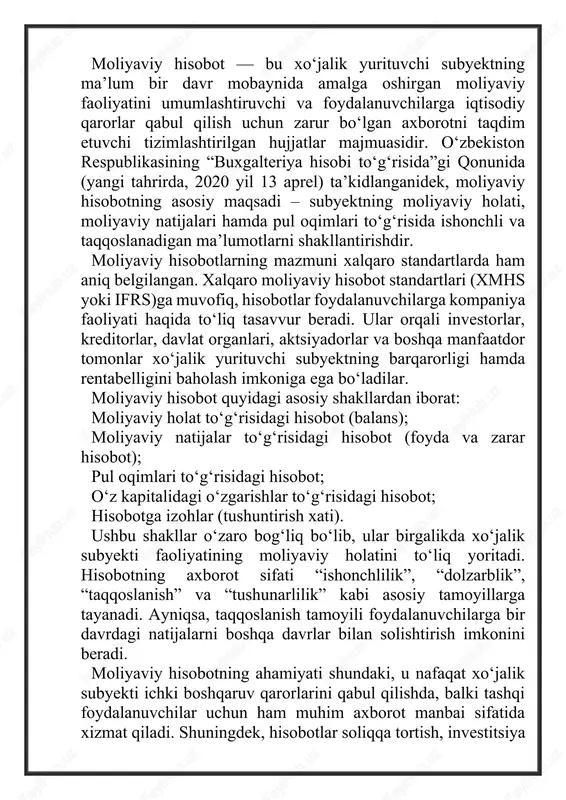alik subyekti ichki boshqaruv qarorlarini qabul qilishda, balki tashqi foydalanuvchilar uchun ham muhim axborot manbai sifatida xizmat qiladi. shuningdek, hisobotlar soliqqa tortish, investitsiya siyosatini shakllantirish, korxona likvidligini aniqlash va davlat statistika tizimiga axborot berish kabi jarayonlarda muhim ahamiyat kasb etadi. ilmiy nuqtai nazardan, moliyaviy hisobot buxgalteriya ma’lumotlarini umumlashtiruvchi natijaviy bosqich hisoblanadi. buxgalteriya yozuvlarida qayd etilgan barcha xo‘jalik operatsiyalari hisobotda tizimlashtirilgan holda aks ettiriladi. shu sababli, moliyaviy hisobotni “iqtisodiy axborotning eng muhim shakli” sifatida baholash mumkin. o‘zbekiston respublikasida moliyaviy hisobotlarni tuzish jarayoni 2021 yildan boshlab bosqichma-bosqich xmhs talablariga moslashtirilmoqda. bu esa milliy buxgalteriya tizimining xalqaro integratsiyasini kuchaytirib, axborotlarning shaffofligi va ishonchliligini ta’minlashga xizmat qilmoqda. moliyaviy hisobotda tuzatish kiritish — buxgalteriya hisobida ilgari aks ettirilgan ma’lumotlar, yozuvlar yoki hisobot ko‘rsatkichlaridagi xatolarni aniqlash va ularni belgilangan tartibda to‘g‘rilash jarayonidir. ushbu jarayonning asosiy maqsadi — hisobotlarda ishonchlilikni ta’minlash hamda moliyaviy natijalarni real holatga moslashtirishdir. moliyaviy hisobotlarda xatolar turli sabablarga ko‘ra yuzaga kelishi mumkin. eng …