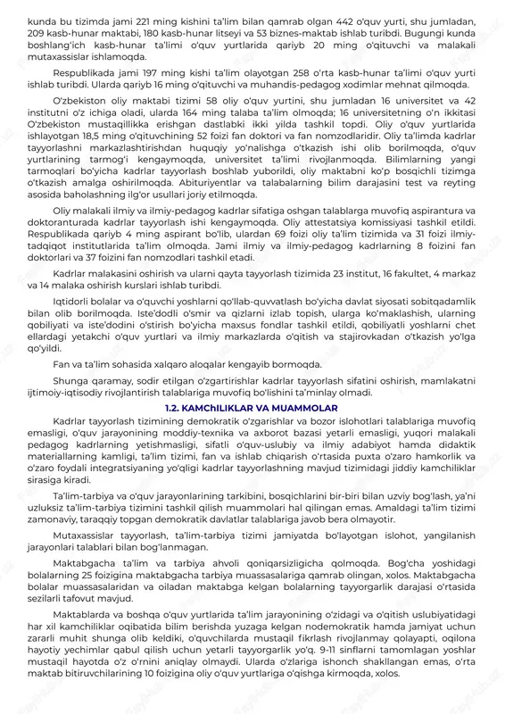 tlarni yaratishni, jamiyat, davlat va oila oldida o‘z javobgarligini his etadigan fuqarolarni tarbiyalashni nazarda tutadi. 1. muammolar va kadrlar tayyorlash tizimini tubdan isloh qilish omillari 1.1. rivojlanishning erishilgan darajasi o‘zbekiston respublikasi davlat mustaqilligiga erishib, iqtisodiy va ijtimoiy rivojlanishning o‘ziga xos yo‘lini tanlashi kadrlar tayyorlash tuzilmasi va mazmunini qayta tashkil etishni zarur qilib qo‘ydi va qator chora-tadbirlar ko‘rishni: “ta’lim to‘g‘risida”gi qonunni joriy etishni (1992-yil); yangi o‘quv rejalari, dasturlari, darsliklarini joriy etishni, zamonaviy didaktik ta’minotni ishlab chiqishni; o‘quv yurtlarini attestatsiyadan o‘tkazishni va akkreditatsiyalashni, yangi tipdagi ta’lim muassasalarini tashkil etishni taqozo etdi. maktabgacha ta’lim sohasida uylarda tashkil etiladigan bolalar bog‘chalari hamda “bolalar bog‘chasi-maktab” majmui tarmog‘i rivojlanib bormoqda. bolalarga chet tillarni, xoreografiya, tasviriy va musiqa san’ati, kompyuter savodxonligi asoslarini o‘rgatuvchi 800 dan ortiq guruh tashkil etilgan. yangi tipdagi maktablar va umumta’lim o‘quv yurtlari tarmog‘i rivojlanib bormoqda. hozirgi kunda 238 litsey va 136 gimnaziya ishlab turibdi. “sog‘lom avlod uchun”, “ma’naviyat va ma’rifat”, “iqtisodiy ta’lim”, “qishloq …