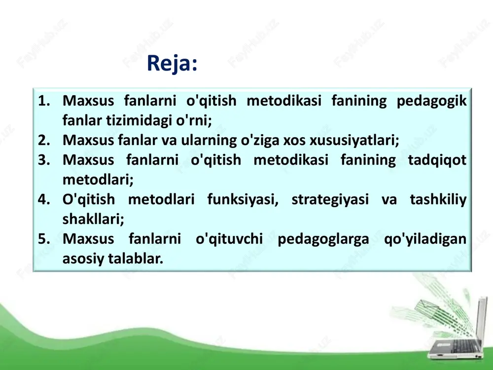 ; uzluksiz ta'lim - malakali raqobatbardosh kadrlar tayyorlashning asosi bo'lib, ta'limning barcha turlarini, davlat ta'lim standartlarini, kadrlar tayyorlash tizimi tuzilmasi va uning faoliyat ko'rsatish muhitini o'z ichiga oladi; uzluksiz ta'lim tizimining faoliyat olib borishi davlat ta'lim standartlari asosida, turli darajalardagi ta'lim dasturlarining izchilligi asosida ta'minlanadi va quyidagi ta'lim turlarini o'z ichiga oladi: maktabgacha ta'lim; umumiy o'rta ta'lim; o'rta maxsus, kasb-hunar ta'limi; oliy ta'lim; oliy o'quv yurtidan keyingi ta'lim; kadrlar malakasini oshirish va ularni qayta tayyorlash; maktabdan tashqari ta'lim. fan - yuqori malakali mutaxassislar tayyorlovchi va ulardan foydalanuvchi, ilg'or pedagogik va axborot texnologiyalarini ishlab chiquvchi; ishlab chiqarish - kadrlarga bo'lgan ehtiyojni, shuningdek ularning tayyorgarlik sifati va saviyasiga nisbatan qo'yiladigan talablarni belgilovchi asosiy buyurtmachi, kadrlar tayyorlash tizimini moliya va moddiy-texnika jihatdan ta'minlash jarayonining qatnashchisi. ta’lim turlari ta’lim turlari quyidagilardan iborat: maktabgacha ta’lim va tarbiya; umumiy o‘rta va o‘rta maxsus ta’lim; professional ta’lim; oliy ta’lim; oliy ta’limdan keyingi ta’lim; kadrlarni qayta tayyorlash va …