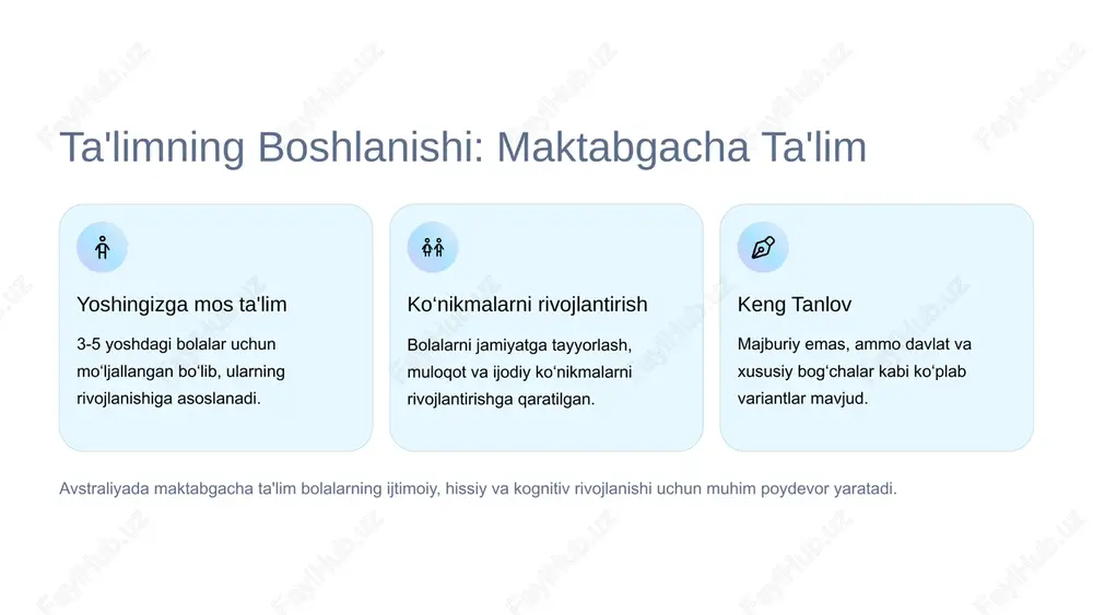 zandlari uchun eng mos variantni tanlash imkonini beradi. • davlat maktablari: o‘quvchilarning 64% ni qamrab oladi. ushbu maktablarda o‘qish bepul bo‘lib, faqat kiyim-kechak va o‘quv materiallari uchun to‘lov olinadi. oliy sifatli ta'lim imkoniyatlari mavjud. • xususiy maktablar: to‘lov asosida ishlaydi va ko‘pincha diniy (masalan, anglikan, xristian) yoki mustaqil ta'lim dasturlarini taklif etadi. ular ko‘proq resurslar va o‘quv dasturiga kengroq yondashuv bilan mashhur. • katolik maktablari: davlat tomonidan qisman moliyalashtiriladi va davlat hamda xususiy maktablar o‘rtasida "o‘rta yo‘l" ni tashkil etadi. ular nisbatan arzonroq to‘lovlar bilan diniy va akademik ta'limni birlashtiradi. https://gamma.app/?utm_source=made-with-gamma kasbiy ta'lim va trening (vet) amaliy ko‘nikmalar vet dasturlari talabalarni ish bozorida talab yuqori bo‘lgan texnik va kasbiy ko‘nikmalar bilan ta'minlaydi. muassasalar tafe institutlari va boshqa ro‘yxatdan o‘tgan xususiy tashkilotlar tomonidan taklif etiladi. davomiylik va imkoniyatlar 1 yildan 4 yilgacha davom etadi, amaliyot va ish joyida o‘qish imkoniyati mavjud bo‘lib, amaliy tajribani kuchaytiradi. https://gamma.app/?utm_source=made-with-gamma oliy ta'lim: universitetlar va institutlar …