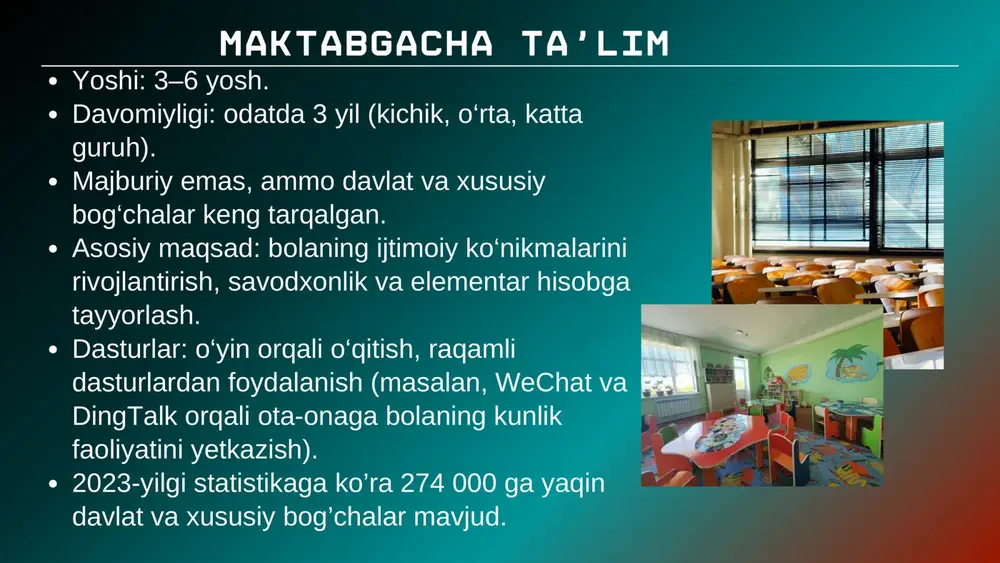 mavjud. oliy ta’lim 📚 o‘quv dasturi 1–2 kurs → asosiy umumta’lim fanlari (xitoy til i, ingliz til i, matematika, falsafa). 3–4 kurs → ixtisoslik fanlari + amaliyot + bitiruv ishi (毕业 论文, biyelunwen). o‘qitish tillari: asosan xitoy til i (putonghua), lekin ko‘plab universitetlarda ingliz til idagi dasturlar ham bor. 💻 raqamli ta’lim platformalari 中国大学mooc (icourse) — milliy universitetlar kurslari. xuetangx (学堂在线) — tsinghua universiteti asos solgan mooc platforma. chaoxing (超星学习通) — dars materiallari, test va topshiriqlar uchun lms. dingtalk, wechat — darslar, topshiriqlar va talabalar bilan aloqa. magistratura va doktorantura 🕐 magistratura (硕士研究生, shuoshi) davomiyligi: 2–3 yil. yo‘nalishlari: academic master (学术型硕士) — ilmiy-tadqiqotga yo‘naltirilgan. professional master (专业型硕士) — amaliy kasbiy tayyorlov (mba, muhandislik, ta’lim va h.k.). qabul tartibi: milliy kirish imtihoni — kaoyan (研究生入学考试). yozma test + universitet ichki suhbat/intervyu. magistratura va doktorantura 🕐 doktorantura (博士研究生, boshi) davomiyligi: 3–6 yil. asosiy talablar: ilmiy rahbar bilan tadqiqot yo‘nalishini tanlash. tadqiqot loyihasi …