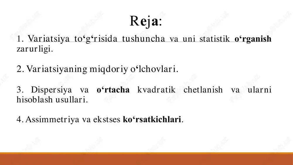 g tarqalishini baholashda katta variatsion kenglik – ma‘lumotlar keng tarqalgan, ya'ni o‗zgaruvchanlik yuqori. kichik variatsion kenglik – ma‘lumotlar tor tarqalgan, ya'ni o'zgaruvchanlik past risklarni baholashda katta variatsion kenglik – yuqori risk (masalan, narxlarning keskin o‗zgarishi). kichik variatsion kenglik – past risk (masalan, barqaror bozor sharoiti) bozor tendentsiyalarini tahlil qilishda katta variatsion kenglik – bozorning beqaror ekanligini ko‗rsatadi. narxlar, talab yoki taklif keskin o‗zgarishi mumkin. kichik variatsion kenglik – narxlarning kichik tarqalishi kelajakdagi narxlarni taxmin qilishni osonlashtiradi investitsiyalarni baholashda katta variatsion kenglik – investitsiya yuqori daromad keltirishi mumkin, lekin yuqori risk ham mavjud. kichik variatsion kenglik – investitsiya barqaror, lekin daromad past bo‗lishi mumkin. misol qo„shimcha misol mamlakatlar yaim ko„rsatkichlari bo„yicha variatsion kenglikni hisoblash quyida keltirilgan beshta davlatning bir yilda ishlab chiqarilgan yalpi ichki mahsuloti (yaim) bo„yicha ma‟lumot keltirilgan (mlrd aqsh dollari): 1. eng katta va eng kichik qiymatlarni aniqlaymiz: 2. variatsion kenglikni hisoblaymiz: yaim bo„yicha ushbu mamlakatlar o„rtasidagi variatsion kenglik …