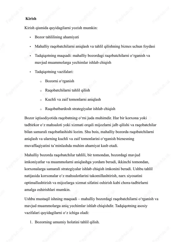 iga bozordagi raqobatni chuqurroq tushunishga va samarali strategiyalar ishlab chiqishga yordam beradi. shu bilan birga, u mahalliy bozorni rivojlantirish va mijozlarning ehtiyojlarini yaxshiroq qondirishga xizmat qiladi. bozor iqtisodiyotida raqobatni tahlil qilish korxona va tadbirkorlik faoliyatining samarali rivojlanishi uchun asosiy omillardan biridir. bugungi kunda mahalliy bozorda nafaqat yirik kompaniyalar, balki kichik va o‘rta tadbirkorlik subyektlari ham faoliyat yuritmoqda. shu sababli, raqobatchilarni chuqur o‘rganish va ularning strategiyalarini tahlil qilish har bir korxona uchun muhim ahamiyat kasb etadi. raqobatchilar tahlili yordamida korxona o‘z mahsulot va xizmatlarini yaxshilash, narxlarni moslashtirish, marketing kampaniyalarini samarali rejalashtirish va mijozlar bilan munosabatlarni mustahkamlash imkoniyatiga ega bo‘ladi. shu bilan birga, bu tahlil yangi biznes g‘oyalarini aniqlash, bozorning mavjud bo‘sh joylarini topish va strategik qarorlar qabul qilishda yordam beradi. mazkur tadqiqotning dolzarbligi quyidagilardan iborat: 1. mahalliy bozorda raqobat kuchayib borayotganligi sababli, korxonalarga tezkor va samarali yechimlar kerak. 2. bozorning o‘zgaruvchan sharoitida raqobatchilarni chuqur tahlil qilmasdan raqobatbardosh bo‘lish qiyinlashadi. 3. mahalliy …