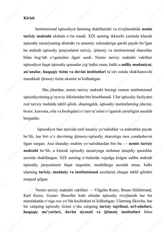 , har bir xalqning iqtisodiy tizimi o‘sha xalqning tarixiy tajribasi, urf-odatlari, huquqiy me’yorlari, davlat siyosati va ijtimoiy institutlari bilan chambarchas bog‘liq bo‘ladi. shu bois ular iqtisodiy qonunlarni “umumiy” yoki “absolyut” deb emas, balki tarixiy shartlangan va nisbiy deb talqin qilganlar. bu yondashuv keyinchalik institutsional iqtisodiyot rivojiga katta ta’sir ko‘rsatdi. chunki institutsional iqtisodiyot ham iqtisodiy tizimning asosiy harakatlantiruvchi kuchi sifatida institutlar — ya’ni qonunlar, an’analar, tashkilotlar, va ijtimoiy qadriyatlar rolini o‘rganadi. nemis tarixiy maktabi shu ma’noda zamonaviy institutsional tahlilning g‘oyaviy poydevorini yaratgan. nemis tarixiy maktabi shuningdek, iqtisodiyotning davlat boshqaruvi va ijtimoiy adolat tamoyillari bilan uyg‘unlashgan holda rivojlanishini qo‘llab-quvvatladi. ularning qarashicha, davlat iqtisodiy jarayonlarga aralashmasligi emas, balki uni tartibga soluvchi va ijtimoiy manfaatlarni himoya qiluvchi kuch sifatida faol rol o‘ynashi lozim. bu g‘oya keyinchalik germaniyada “ijtimoiy bozor iqtisodiyoti” konsepsiyasining shakllanishiga zamin yaratgan. shunday qilib, nemis tarixiy maktabi iqtisodiy tafakkur tarixida o‘ziga xos o‘rin tutadi. u iqtisodiy nazariyani inson, jamiyat, madaniyat va tarixiy …