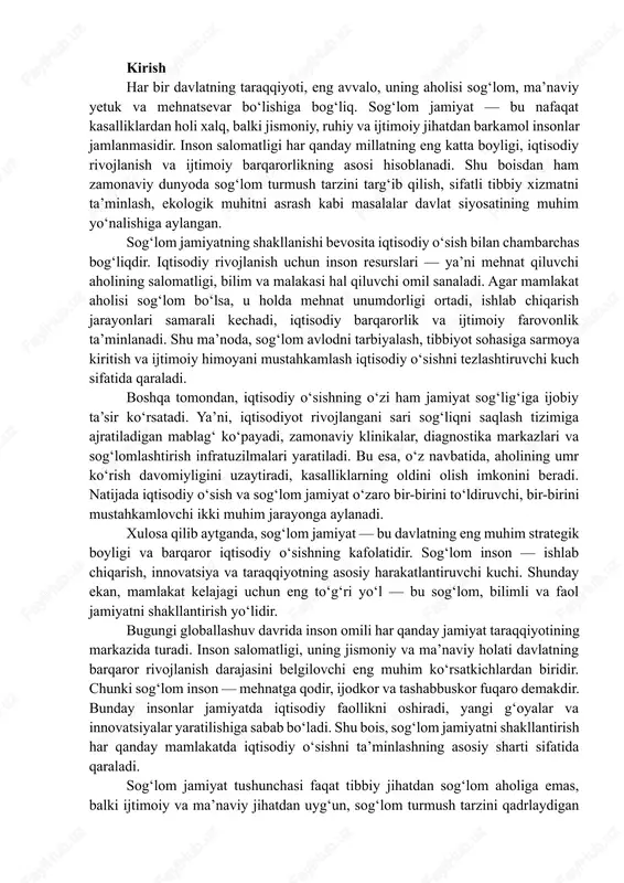 gik boyligi va barqaror iqtisodiy o‘sishning kafolatidir. sog‘lom inson — ishlab chiqarish, innovatsiya va taraqqiyotning asosiy harakatlantiruvchi kuchi. shunday ekan, mamlakat kelajagi uchun eng to‘g‘ri yo‘l — bu sog‘lom, bilimli va faol jamiyatni shakllantirish yo‘lidir. bugungi globallashuv davrida inson omili har qanday jamiyat taraqqiyotining markazida turadi. inson salomatligi, uning jismoniy va ma’naviy holati davlatning barqaror rivojlanish darajasini belgilovchi eng muhim ko‘rsatkichlardan biridir. chunki sog‘lom inson — mehnatga qodir, ijodkor va tashabbuskor fuqaro demakdir. bunday insonlar jamiyatda iqtisodiy faollikni oshiradi, yangi g‘oyalar va innovatsiyalar yaratilishiga sabab bo‘ladi. shu bois, sog‘lom jamiyatni shakllantirish har qanday mamlakatda iqtisodiy o‘sishni ta’minlashning asosiy sharti sifatida qaraladi. sog‘lom jamiyat tushunchasi faqat tibbiy jihatdan sog‘lom aholiga emas, balki ijtimoiy va ma’naviy jihatdan uyg‘un, sog‘lom turmush tarzini qadrlaydigan insonlarga nisbatan qo‘llaniladi. sog‘lom jamiyatda insonlar o‘z salomatligiga e’tiborli, mehnatga layoqatli, faol va maqsadga yo‘naltirilgan bo‘ladi. bunday muhitda ishlab chiqarish samaradorligi ortadi, mehnat unumdorligi oshadi, iqtisodiy barqarorlik mustahkamlanadi. zero, sog‘lom …