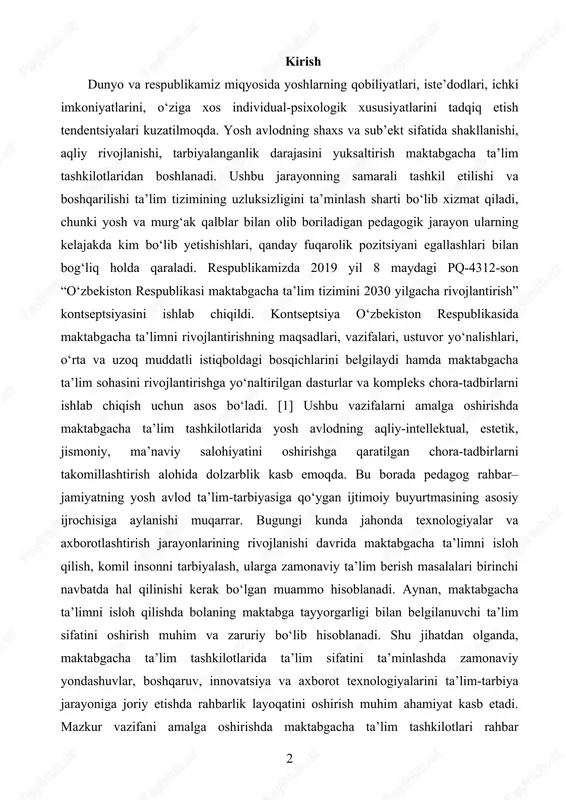 iyatini oshirishga qaratilgan chora-tadbirlarni takomillashtirish alohida dolzarblik kasb emoqda. bu borada pedagog rahbar–jamiyatning yosh avlod ta’lim-tarbiyasiga qo‘ygan ijtimoiy buyurtmasining asosiy ijrochisiga aylanishi muqarrar. bugungi kunda jahonda texnologiyalar va axborotlashtirish jarayonlarining rivojlanishi davrida maktabgacha ta’limni isloh qilish, komil insonni tarbiyalash, ularga zamonaviy ta’lim berish masalalari birinchi navbatda hal qilinishi kerak bo‘lgan muammo hisoblanadi. aynan, maktabgacha ta’limni isloh qilishda bolaning maktabga tayyorgarligi bilan belgilanuvchi ta’lim sifatini oshirish muhim va zaruriy bo‘lib hisoblanadi. shu jihatdan olganda, maktabgacha ta’lim tashkilotlarida ta’lim sifatini ta’minlashda zamonaviy yondashuvlar, boshqaruv, innovatsiya va axborot texnologiyalarini ta’lim-tarbiya jarayoniga joriy etishda rahbarlik layoqatini oshirish muhim ahamiyat kasb etadi. mazkur vazifani amalga oshirishda maktabgacha ta’lim tashkilotlari rahbar xodimlarining har biridan yuksak kasbiy salohiyat va insoniy sifatlarga ega bo‘lish talab etiladi. «avvalambor, uning vatanparvar va yurtparvarlik fazilatlariga ega bo‘lishi, ona yurtini chin qalbidan sevishi va ardoqlashi, el-yurti uchun o‘zini ayamasligi, kerak bulsa, bu yo‘lda jonini ham fido qilishiga tayyor bo‘lishini, o‘z kasbkorining ustasi, …