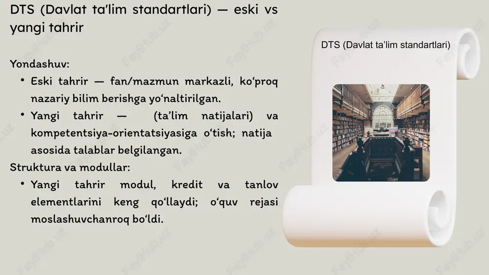 dasturlarini tahlili tahlil mezonlari • relevantsiya: fanlar mehnat bozorining talablariga javob beradimi? (misol: so‘nggi yillarda it, data science, ekologiya fanlari ko‘paytirilmoqda). • muvofiqlik: o‘quv dasturi ots/dts bilan mosmi? (learning outcomes bog‘langanmi?) • amaliy elementlar: laboratoriya, stajirovka, loyiha ishlari yetarlimi? • modul va tanlov imkoniyati: talaba o‘z yo‘nalishiga mos fanlarni tanlay oladimi? dtsga kiritilgan kompetentsiyalarni tahlil kompetentsiyalar — umumiy taqsimot (eng tipik) 1. umumiy / transversal kompetentsiyalar: muloqot, tanqidiy fikrlash, jamoada ishlash, axborot savodxonligi. 2.kasbiy (profession-specific) kompetentsiyalar: mutaxassislikga xos amaliy va nazariy bilimlar (masalan, muhandislik uchun texnik hisoblash, pedagogika uchun metodik kompetentsiya). 3.tadqiqot kompetentsiyalari: ilmiy tadqiqot olib borish, metodologiya, maqola yozish. 4.raqamli/ict kompetentsiyalar: zamonaviy dastur va vositalardan foydalanish. 5.axloqiy va ijtimoiy kompetentsiyalar: kasbiy etika, mas’uliyat, doimiy o‘zini rivojlantirish. qanday qilib dts kompetentsiyalarni belgilaydi (va nima tahlili kerak) • aniq natijalar: dtsda har bir taʼlim sohasi/yo‘nalish uchun bitiruvchi egallashi kerak bo‘lgan kompetentsiyalar (learning outcomes) aniq bayon etiladi. bu kompetentsiyalar modul, fan va …