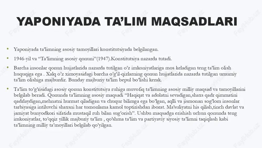 rs o‘tish vaqti belgilangan. bu aslida unchalik ko‘p emas, lekin yapon o‘qituvchilarining qo‘shimcha vazifalari ham ko‘p. masalan, o‘rta va o‘rta maktab o‘qituvchilari ko‘pincha talabalarni "imtihon jahannamiga" (oliy maktab yoki universitetlarga kirish imtihonlari toshqiniga) tayyorlaydigan qo‘shimcha darslar berishi yoki talabalarning klub faoliyatini nazorat qilishilari kerak. tushdan keyin bo‘ladi o‘g‘arb mamalakatlari bilan solishtirganda yana bir farq, sinf boshiga talabalar soni haddan tashqari ko‘p. boshlag‘ich va o‘rta maktabda o‘qituvchilar ko‘pincha 35 dan ortiq kishiga duch kelishadi va ular yapon maktablarida ajralish yo‘qligi sababli juda kilma-xil sinflarni (o‘quvchilarning qobiliyatiga ko‘ra) o‘qitishlari kerak. yaponiyada oliy taʼlim tizimi universitetlar, kollejlar va texnologiya kollejlaridan tashkil topgan boʻlib, u asosan ilmiy va texnologik asoslarga qurilgan. koʻp darajali modellar qoʻllaniladi. universitetlardagi taʼlim tizimi mamlakatlararo farq qiladi, masalan, gpa (grade point average) oʻrniga koʻproq kirish imtihonlari va yillik imtihonlarga asoslanadi. aspirantura ham muhim hisoblanadi. talabalar bakalavriatdan soʻng aspiranturaga davom etishadi, chunki malakali mutaxassislar asosan shu yoʻl bilan yetishib chiqadi. koʻplab …