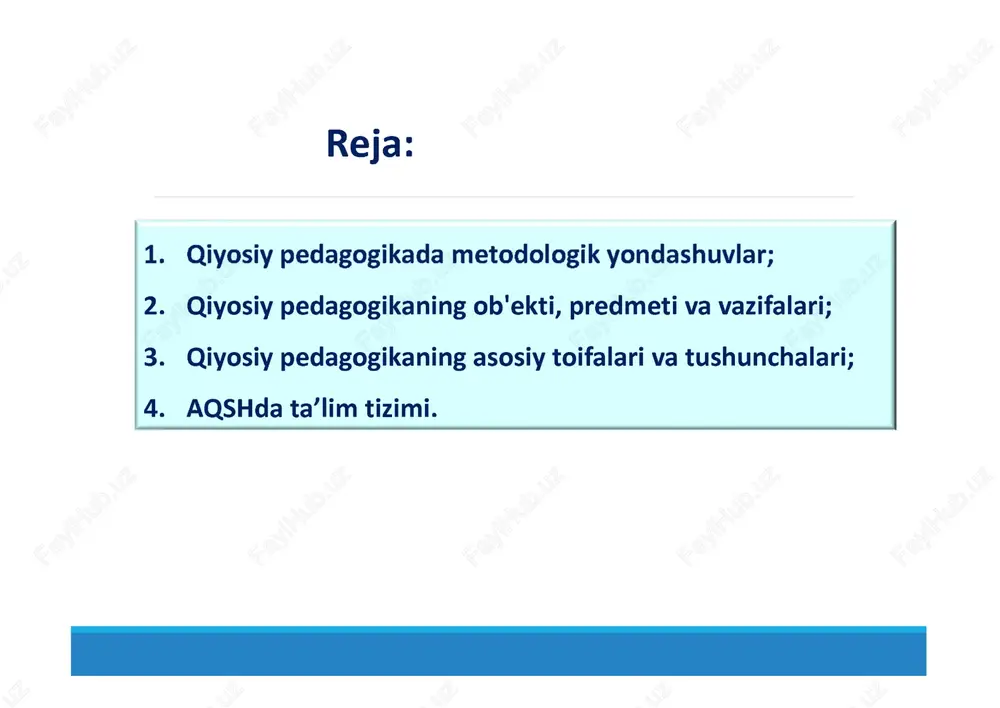 a'lim tizimi doirasida, qoida tariqasida, ta'limning turli bosqichlarini ketma-ket amalga oshirish ko'zda tutilgan: maktabgacha, boshlang'ich maktab, umumiy o'rta maktab, kasb-hunar, o'rta-maxsus, oliy ma'lumot, oliy o'quv yurtidan keyingi ta'lim. 2.qiyosiy pedagogikaning ob'ekti, predmeti va vazifalari. qiyosiy pedagogika - pedagogika fanning o'ziga xos sohasi bo'lgan (ijtimoiy pedagogika, didaktika, tarbiya nazariyasi, pedagogika tarixi va boshqalar bilan bir qatorda) ushbu fan va akademik intizomning asosiy vazifalarini belgilaydigan juda o'ziga xos tadqiqot ob'ekti va mavzusiga ega. qiyosiy pedagogikaning ob'ekti global, mintaqaviy va milliy miqyosdagi ta'limdir. qiyosiy pedagogikaning predmeti - hozirgi va xorijiy pedagogik tajriba va milliy pedagogik madaniyatning holati, rivojlanish tendentsiyalariining qiyosiy tahlili. qiyosiy pedagogikaning asosiy vazifalari: • turli mamlakatlarda ta'limning rivojlanishini aks ettiruvchi faktlarni tahlil qilish va tavsiflash; • turli mamlakatlarda ta'limning rivojlanishi to'g'risidagi miqdoriy va sifat ma'lumotlarini tasniflash, tizimlashtirish, qiyosiy tahlil qilish; • turli mamlakatlarda ta'limning rivojlanish va tendentsiyalarini aniqlash; bashorat qilish; • mutaxassislar tomonidan xorijiy tajribani o'rganishni engillashtirish uchun turli mamlakatlardan kelgan …