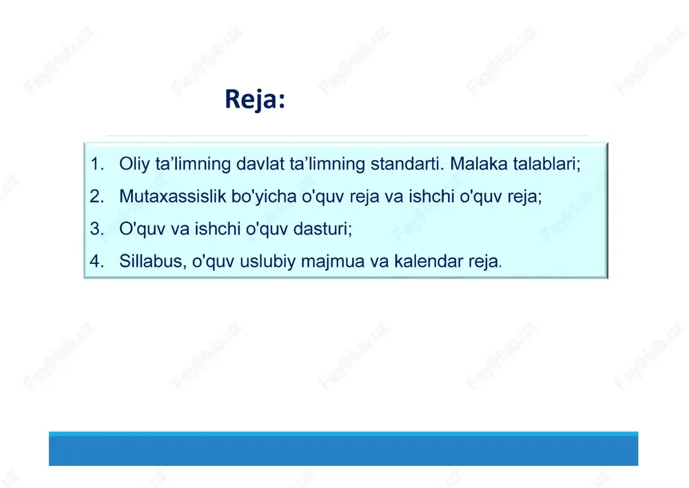 ejalar tayanch otm rektori tomonidan imzolangan rasmiy xat bilan oliy ta'lim vazirligining rivojlantirish markaziga taqdim etiladi. xatga ta'lim yo'nalishlari va mutaxassisliklarining amaldagi klassifikatorga moslashtirilgan ro'yxati ilova qilinadi. dts - standartlashtipish ob'ektiga nisbatan me'yorlar va talablarni belgilaydi hamda o'zbekiston respublikasining "standartlashtirish to'g'risidamgi qonuniga muvofiq tasdiqlanadi va quyidagilarni belgilab beradi: • kadrlar tayyorlash sifatiga, ta'lim mazmuniga nisbatan qo'yiladigan talablarni; • ta'lim oluvchilar tayyorgarligining zarur va etarlicha darajasini hamda ta'lim muassasalari bitiruvchilariga nisbatan qo'yiladigan malaka talablarini; • o'quv yuklamasining zarur hajmini; • ta'lim muassasalari faoliyatini va kadrlar tayyorlash sifatini baholash tartibi va mexanizmini belgilaydi. dts ta'lim jarayonini va ta'lim muassasalari faoliyatini baholashni tartibga soluvchi boshqa me'yoriy hujjatlarni yaratish uchun asos hisoblanadi. dts ta'limning quyidagi turlari uchun belgilanadi: • umumiy o'rta ta'lim, shu jumladan boshlang'ich ta'lim; • o'rta maxsus, kasb-hunar ta'limi; • oliy ta'lim (bakalavriat, magistratura). oliy ta'limning davlat ta'lim standartlari "ta'lim to'g'risida" va "kadrlar tayyorlash milliy dasturi to'g'risida"gi o'zbekiston respublikasi qonunlarini bajarish yuzasidan …