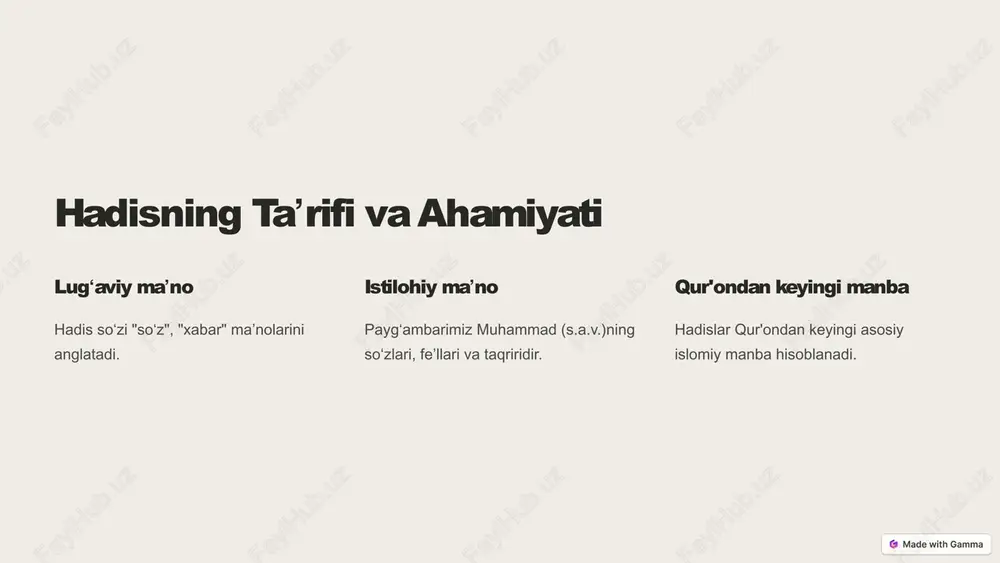 tadqiqotlar olib borish darkor. https://gamma.app/?utm_source=made-with-gamma xulosa hadislar ma naviy-axloqiy tarbiyaning muhim manbai. har bir musulmon ʼ hadislarni o rganishi va ularga amal qilishi zarur. kelajak avlodni hadislar ʻ asosida tarbiyalash – jamiyat ravnaqining asosi. https://gamma.app/?utm_source=made-with-gamma slide 1 slide 2 slide 3 slide 4 slide 5 slide 6 slide 7 slide 8