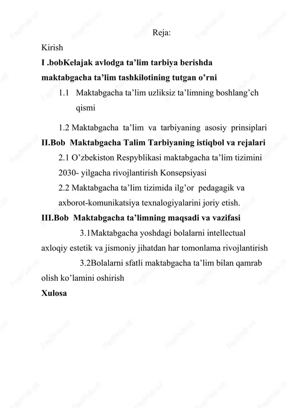 belgilab berildi. hozirgi vaqtda ta’lim tizimida,jumladan, birinchi bosqich maktabgacha ta’lim tashkilotlarini tashkil etish va ularga rahbarlik qilish yo’nalishida bosqichma-bosqich amalga oshirilayotgan keng ko’lamli islohotlarning samarali olib borilishini ta’minlash va chuqur tahlil qilish zarurati yuzaga kelmoqda. o’zbekiston respublikasining prezidenti shavkat mirziyoyev ta’kidlaganlaridek “ tanqidiy tahlil, qat’iy tartib intizom va shaxsiy javobgarlik - har bir rahbar faoliyatining kundalik qoidasi bo’lishi kerak” deb aytganlar. o’tgan davr mobaynida sog’lom va har tomonlama rivojlangan o’sib kelayotgan avlodning shakllanishini ta’minlashga qaratilgan samarali maktabgacha ta’lim tizimini tashkil qilish bo’yicha kompleks tashkiliy- huquqiy chora-tadbirlar amalga oshirildi. maktabgacha ta’limni boshqarishning zamonaviy mexanizmlarini joriy etish, tarbiya va o’quv jarayonini takomillashtirish, maktabgacha ta’lim tashkilotlarini yuqori malakali mutaxasisslar bilan to’ldirish, ularning infratuzilmasi va moddiy-texnik jihozlanishini yaxshilash maqsadida qator vazifalar amalga oshirilmoqda. ta’lim sifatinining takomillashib borishi natijasida bugungi kun yoshlarining ma’naviy qiyofasi va maqsadlari ham o‘zgacha ko‘rinish kasb etmoqda. har bir yosh kadrlar o‘z faoliyatini o‘ziga xos yo‘nalishda tashkil etish yo‘llarini aniqlashga intilib …