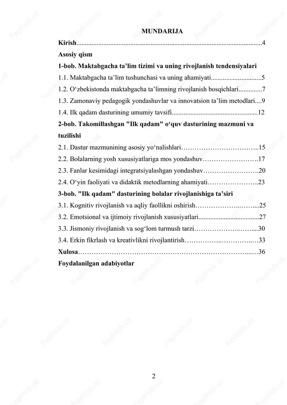 y pedagogik yondashuvlar va innovatsion ta’lim metodlari 1.4. ilk qadam dasturining umumiy tavsifi 2-bob. takomillashgan "ilk qadam" o‘quv dasturining mazmuni va tuzilishi 2.1. dastur mazmunining asosiy yo‘nalishlari 2.2. bolalarning yosh xususiyatlariga mos yondashuv 2.3. fanlar kesimidagi integratsiyalashgan yondashuv 2.4. o‘yin faoliyati va didaktik metodlarning ahamiyati 3-bob. "ilk qadam" dasturining bolalar rivojlanishiga ta’siri 3.1. kognitiv rivojlanish va aqliy faollikni oshirish 3.2. emotsional va ijtimoiy rivojlanish xususiyatlari 3.3. jismoniy rivojlanish va sog‘lom turmush tarzi 3.4. erkin fikrlash va kreativlikni rivojlantirish xulosa foydalanilgan adabiyotlar kirish 4 maktabgacha ta’lim bolalar rivojlanishining dastlabki bosqichi bo‘lib, inson shaxsining shakllanishida muhim o‘rin tutadi. o‘zbekiston respublikasi tomonidan ta’lim tizimining barcha bosqichlarini modernizatsiya qilish, ayniqsa, maktabgacha ta’limni rivojlantirish bo‘yicha izchil islohotlar amalga oshirilmoqda. shu jarayonda bolalarning intellektual, jismoniy va ijtimoiy rivojlanishini ta’minlashga qaratilgan ilg‘or dasturlar ishlab chiqilmoqda. "takomillashgan ilk qadam" dasturi aynan ana shunday innovatsion ta’lim dasturlaridan biri bo‘lib, u bolalarni har tomonlama rivojlantirish, mustaqil fikrlash qobiliyatini shakllantirish hamda …