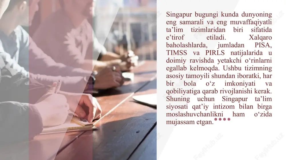 tur asosida yuqori darajadagi bilim beradi. normal academic oqimi besh yil davom etib, o‘quvchilarga kengroq tayyorgarlik yaratadi va keyinchalik junior college yoki polytechnic’ga yo‘l ochadi. normal technical oqimi esa asosan amaliy va texnik ko‘nikmalarga yo‘naltirilgan bo‘lib, o‘quvchilarni institute of technical education (ite)da o‘qishni davom ettirishga tayyorlaydi. bu bosqichda o‘quvchilarning mustaqil fikrlash, muammolarni hal qilish va loyihaviy ishlar olib borish ko‘nikmalari rivojlantiriladi. 4. oliy o‘rta ta’lim (post-secondary education) bu bosqich o‘rta ta’limdan so‘ng boshlanadi va o‘quvchilarning qobiliyatlari hamda qiziqishlariga qarab tanlov qilinadi. uch xil yo‘nalish mavjud: junior college – ikki yil davom etadi va o‘quvchilarni a-level imtihoniga tayyorlaydi. bu yo‘nalish universitetga kirishni istagan o‘quvchilar uchun mo‘ljallangan. polytechnic – uch yillik dastur bo‘lib, texnik va amaliy bilimlarni o‘rgatadi. bitiruvchilar mehnat bozoriga ham tayyor bo‘ladilar, ham oliygohga kirish imkoniga ega bo‘ladilar. institute of technical education (ite) – kasb- hunar ta’limini rivojlantirishga qaratilgan. bu yo‘nalishda o‘quvchilar turli sohalarda amaliy ko‘nikmalarni o‘zlashtiradilar va ish bozorida …