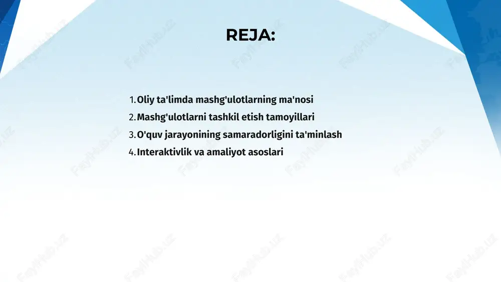 . interaktivlik va amaliyot asoslari 01 oliy ta'limda mashg'ulotlarni tashkil qilishda interaktivlik muhim ahamiyat kasb etadi, talabalarning faol ishtirokini ta'minlash uchun shartdir. 02 amaliyot asoslari, real hayotiy vazifalar orqali, talabalarning nazariy bilimlarini mustahkamlash va amaliy ko'nikmalarini rivojlantirishga yordam beradi. 03 mashg'ulotlarni samarali tashkil etish uchun studentlar bilan bog'lanish va muhokama qilish imkoniyatlarini yaratish, ularning o'qishga bo'lgan qiziqishini oshiradi. texnologiyalarni integratsiya qilish 01 oliy ta'limda mashg'ulotlarni tashkil etishda texnologiyalarni integratsiya qilish innovatsion yondashuvlarni ta'minlaydi va ta'lim sifatini sezilarli darajada oshiradi. 02 elektron platformalar, virtual laboratoriyalar va interaktiv usullar o'qituvchilarga yangi imkoniyatlar yaratib, talabalarning bilim va ko'nikmalarini kengaytiradi. 03 mazkur jarayon ta'lim jarayonida zamonaviy texnologiyalarni to'liq qo'llash orqali o'quv jarayonining samaradorligini va interaktivligini ta'minlaydi. birgalikda ishlash va jamoaviylik 01 oliy ta'limda mashg'ulotlarni tashkil etishda birgalikda ishlash muhim ahamiyat kasb etadi. jamoaviylik muhit yaratilishini ta'minlaydi va o'quv jarayonini rivojlantiradi. 02 jamoaviy harakatlar talabalarga bilim va ko'nikmalarni samarali ravishda egallash imkoniyatini yaratadi. bu usul …
