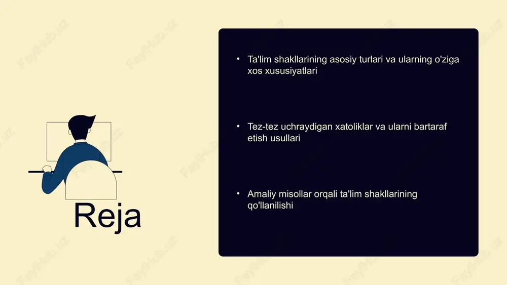 onini amalga oshirishdir. bu usulda onlayn kurslar, videokonferensiyalar va interaktiv platformalar ishlatiladi. afzalliklari: qulaylik, geografik cheklovlar yo'q, vaqtni samarali foydalanish, individual intizom. kamchiliklari: texnik muammolar, aloqa qiyinchiliklari, o'z-o'zini nazorat qilishdagi qiyinchiliklar. o'qitish usullari: videolar, onlayn seminarlar, elektron testlar, mustaqil ish. amaliy ta'lim shakli ta'rifi va xususiyatlari amaliy ta'lim shakli — talabalarga amaliy ko'nikma va malakalarni shakllantirishga qaratilgan ta'lim turi. bu shaklda nazariy bilimlar amaliy faoliyat bilan uzviy bog'lanadi. ushbu shaklda o'quv jarayoni laboratoriya, praktik mashg'ulotlar va ishlab chiqarish joylarida o'tkaziladi. talabalar real ish sharoitida muammolarni hal qilishni o'rganadilar. afzalliklari va kamchiliklari afzalliklari: amaliy ko'nikmalarni rivojlantirish, ishga tayyorlikni oshirish, o'qitishni real sharoitga moslashtirish. kamchiliklari: vaqt va resurslar cheklovlari, nazariy bilimlar bilan muvofiqlik muammolari. amaliy ta'lim ba'zan nazariy bilimlarni to'g'ri qabul qilmaslik yoki muammolarni yechishda qiyinchiliklar bilan bog'liq, ammo u o'quvchilarning amaliy faoliyatda muvaffaqiyat qozonishiga yordam beradi. innovatsion ta'limlar innovatsion ta'lim shakllari yangi texnologiyalar va metodlarni qo'llash orqali o'quv jarayonini rivojlantiradi. bu …