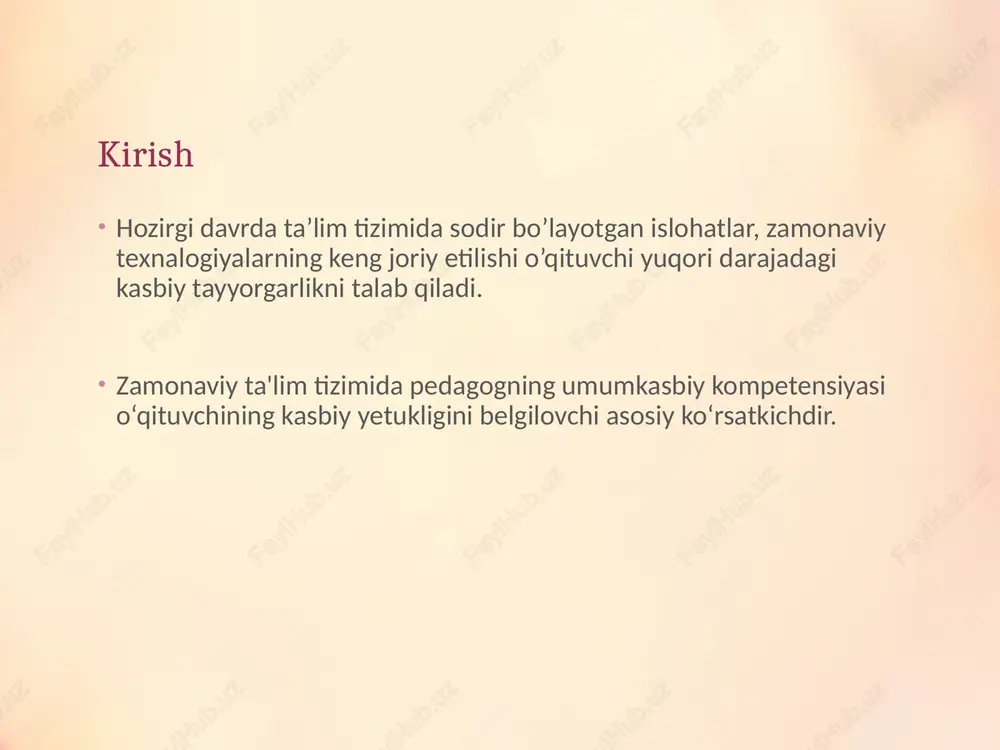konfliktlarni konstruktiv hal etish; • jamoada ishlay olish. axborot-kommunikatsion (akt) kompetensiya • zamonaviy texnologiyalarni o‘quv jarayonida qo‘llay olish, elektron ta’lim vositalaridan samarali foydalanish. • bugungi raqamli davrda o‘qituvchi texnologiyalardan samarali foydalana olishi zarur. • masalan: • kompyuter dasturlarida ishlash; • taqdimotlar tayyorlash; • elektron darsliklar yaratish; • onlayn ta’lim platformalaridan foydalanish. • bu kompetensiya o‘qituvchining innovatsion faoliyatini belgilaydi. tadqiqotchilik va refleksiv kompetensiyalar • o‘z faoliyatini tahlil qilish, muammolarni aniqlash, yangi yondashuvlarni tatbiq etish va o‘z ustida ishlash qobiliyati. • o‘qituvchi o‘z faoliyatini tahlil qila olishi, muammolarni aniqlab, ilmiy yondashuv asosida ularni hal etish yo‘llarini ishlab chiqishi kerak. • misol uchun, o‘quvchilarning o‘qishga bo‘lgan qiziqishini oshirish bo‘yicha kichik tadqiqot o‘tkazish, natijalarni tahlil qilib, yangi metodika joriy etish. ijtimoiy va axloqiy kompetensiya • kasbiy etika, ma’naviyat, milliy va umuminsoniy qadriyatlarga sodiqlik, shaxsiy mas’uliyatni his etish. • o‘qituvchi jamiyatda axloqiy namuna bo‘lishi, o‘quvchilarga milliy va umuminsoniy qadriyatlarni singdirishi, vatanparvarlik, mehnatsevarlik, halollik kabi sifatlarni …