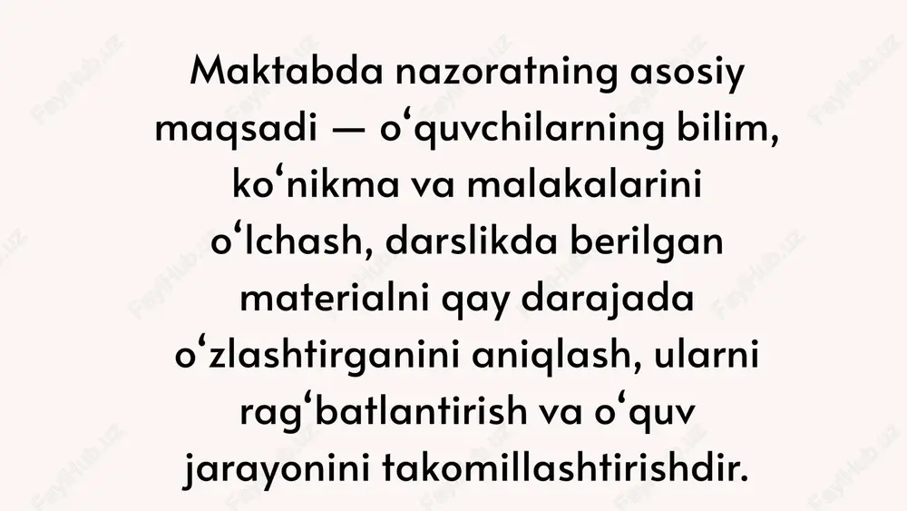l, sintez, baholash bosqichlari). amaliy yo‘naltirilgan bo‘lishi kerak — real holatlar, loyihalar, case study. obyektiv baholash mezonlari ishlab chiqiladi (rubrikalar, ball tizimi). akt vositalaridan foydalanish – onlayn test, lms (moodle, edmodo, canvas) orqali. plagiat va mustaqillikka e’tibor – topshiriq talabaning shaxsiy fikriga asoslanishi kerak. feedback tizimi – o‘qituvchi tahliliy fikr bildiradi, talaba xatolarni to‘g‘rilaydi. nazorat topshiriqlarini ishlab chiqish qoidalari baholash tizimi 100 ballik yoki kredit-modul tizimi asosida; 60% dan kam – o‘zlashtirilmagan; joriy + oraliq + yakuniy nazorat ballari yig‘indisi umumiy natijani beradi. xulosa oliy ta’limda nazorat — bu nafaqat bilimni o‘lchash, balki tahlil qilish, mustaqil fikrlash, muammoni yechish ko‘nikmalarini aniqlash vositasidir. to‘g‘ri ishlab chiqilgan topshiriqlar talabaning kasbiy kompetensiyasini rivojlantiradi. image1.png image2.svg image3.png image4.png image5.png image6.svg /docprops/thumbnail.jpeg