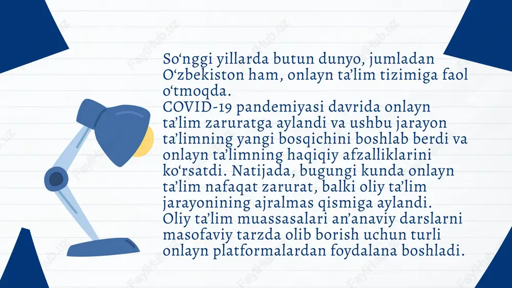 asturi asosida olib boriladi. diplomlar universitet nomidan beriladi va rasmiy hisoblanadi. bu kurslarda o’qish narxlari universitetga va yo‘nalishga qarab farqlanadi va $15,000–$25,000 oralig‘ida bo‘ladi. c o u r s e r a edx edx — bu dunyoning eng yirik onlayn ta’lim platformalaridan biri bo‘lib, mit (massachusetts institute of technology) va harvard university tomonidan 2012-yilda tashkil etilgan. edx dunyo bo‘ylab 100 dan ortiq nufuzli universitetlar bilan hamkorlik qiladi va bepul kurslar, bakalavr, magistrlik diplom dasturlarini taqdim etadi. mashhur kurslari: data science computer science engineering business design e d x duolingo — bu chet tillarini o‘rganish uchun mo‘ljallangan onlayn va mobil ta’lim platformasi. duolingo o‘rganuvchilarga o‘yin tarzida mashq qilish, kundalik maqsadlar qo‘yish, va rag‘bat tizimi orqali o‘rganishni davom ettirish imkonini beradi. bugungi kunda 500 milliondan ortiq foydalanuvchi duolingo orqali tillarni o‘rganmoqda. duolingo’da 40 dan ortiq tilni o‘rganish mumkin duolingo udemy — bu onlayn ta’lim platformasi bo‘lib, u har kimga istalgan mavzuda kurs …