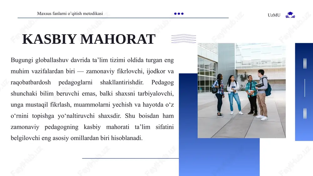 zamonaviy pedagog o‘quvchilar bilan samimiy muloqot o‘rnatadi. u ularning ichki dunyosini, his-tuyg‘ularini tushunishga harakat qiladi. chunki o‘quvchi darsda o‘zini erkin his qilsa, fikrini bemalol bayon eta olsa, unda o‘qishga nisbatan qiziqish ortadi. maxsus fanlarni o’qitish metodikasi uzmu o‘zbekiston ta’lim tizimida ham zamonaviy pedagog obraziga katta e’tibor qaratilmoqda. prezident shavkat mirziyoyevning “yangi o‘zbekistonni barpo etish uchun yangi tafakkurli o‘qituvchi kerak” degan fikri bejiz emas. chunki ta’lim sifati, jamiyatning intellektual salohiyati bevosita o‘qituvchi mahoratiga bog‘liq. shu sababli, o‘qituvchilarning malakasini oshirish, ularning mehnatini qadrlash va sharoitlarini yaxshilash davlat siyosatining muhim yo‘nalishlaridan biridir. maxsus fanlarni o’qitish metodikasi uzmu zamonaviy pedagogning roli: yo‘l-yo‘riq ko‘rsatuvchi — o‘quvchilarga bilimga yo‘l ochadi. motivator — o‘quvchini o‘qishga undaydi. tarbiyachi — axloqiy qadriyatlarni singdiradi. lider — jamoani boshqaradi, ilhomlantiradi. o‘rganuvchi — o‘zi ham uzluksiz ta’lim oladi. maxsus fanlarni o’qitish metodikasi uzmu yaqinda qilingan bir tadqiqotda, hindistonning telangana shtatida o‘tkazilgan o‘quvchi-o‘qituvchi tayyorlov dasturida (d.el.ed) qatnashgan pedagog-tayyorlovchilarda amaliy tayyorgarlik yetarli emasligi aniqlangan. …