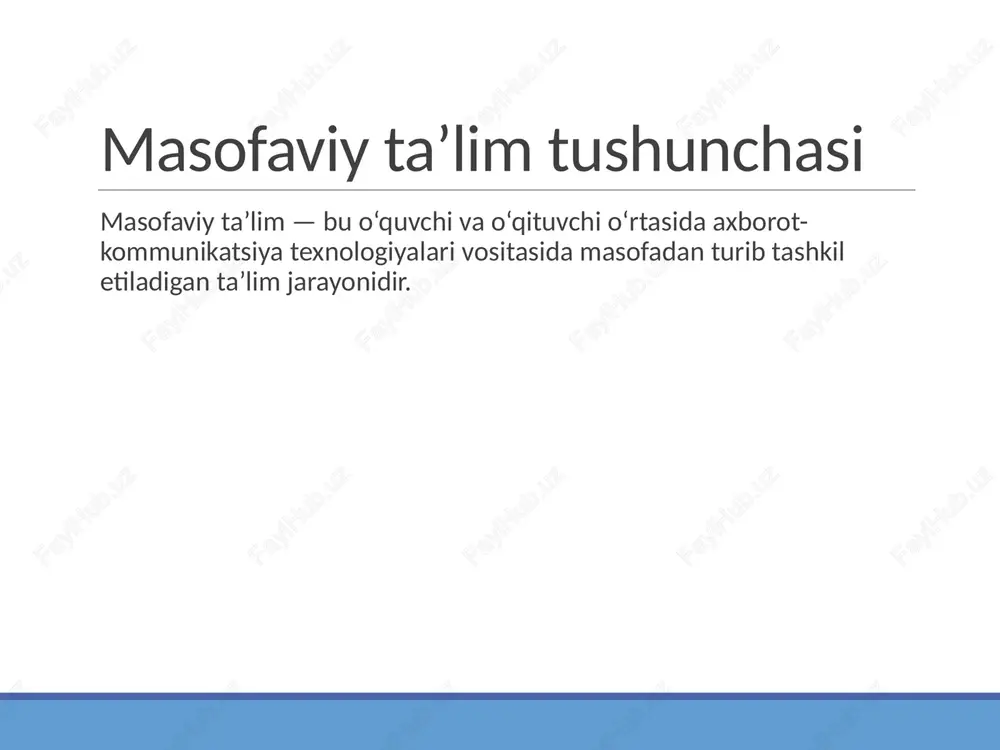 birlari to‘g‘risida” mazkur qarorga ko‘ra: -o‘zbekiston ta’lim tizimida masofaviy ta’lim tizimi joriy etilishi rasman tasdiqlandi; -otm va umumta’lim maktablarida onlayn darslar yo‘lga qo‘yildi; -ziyonet, moodle, edumarket, televideniye orqali darslar (tv darslar) kabi platformalar ishga tushirildi; -o‘qituvchilarning onlayn ta’lim bo‘yicha malakasini oshirish dasturlari ishlab chiqildi; -masofaviy ta’limni rivojlantirish uchun maxsus normativ baza va texnik infratuzilmani yaratish topshirildi. shuningdek, keyingi yillarda quyidagi hujjatlar ham bu yo‘nalishni rivojlantirishga qaratilgan: pf–6097-son farmon (2020-yil 29-oktabr) — “raqamli o‘zbekiston – 2030” strategiyasini amalga oshirish chora-tadbirlari to‘g‘risida”; pq–3775-son qaror (2018-yil 6-iyun) — “oliy ta’lim tizimini yanada rivojlantirish chora-tadbirlari to‘g‘risida”; pq–5157-son qaror (2021-yil 19-iyun) — “masofaviy ta’limni yanada takomillashtirish chora-tadbirlari to‘g‘risida”. masofaviy ta’limning afzalliklari har qanday joydan o‘qish imkoniyati📍 qulay vaqtni tanlash imkoniyati🏫 multimedia vositalaridan foydalanish💻 onlayn muloqot👨‍ masofaviy ta’lim platformalari - ziyonet - moodle - google classroom - microsoft teams - edumarket, coursera, edx masofaviy ta’limda foydalaniladigan usullar - videodarslar, ma’ruzalar - elektron testlar - forum va …