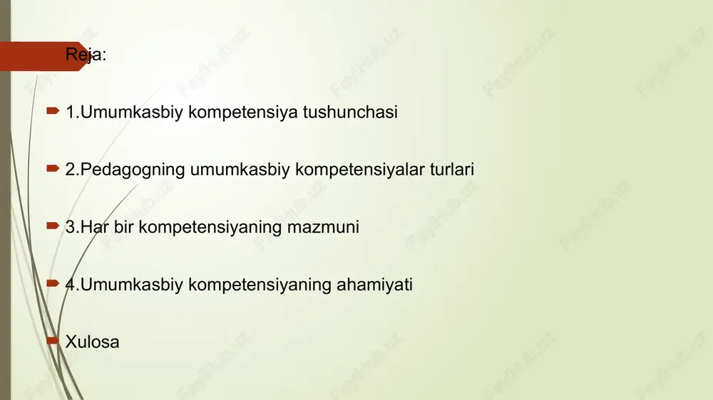 (kompyuter, internet, multimedia, ta’lim platformalar) dars rejalashtirish va o‘tkazishda samarali qo‘llay olish qobiliyati.  asosiy elementlari  dars uchun slayd, video, interaktiv testlar tayyorlash.  lms (google classroom, moodle va h.k.) dan foydalanish.  onlayn baholash va nazorat usullarini bilish.  ma’lumotni baholash — ishonchli manbalarni tanlash va tasniflash.  masofaviy ta’limni tashkil qilish qobiliyati tashkiliy kompetensiya  ta’rifi: darsni, o‘quv jarayonini va tashkiliy jarayonlarni samarali rejalashtirish, boshqarish va muvofiqlashtirish qobiliyati.  asosiy elementlari  dars rejasini va yillik-reja tuza olish.  sinf boshqaruvi (vaqtni to‘g‘ri taqsimlash, tartib-intizom).  resurslarni tashkil etish (materiallar, jihozlar, sinf joyi).  ta’lim-tarbiya tadbirlarini tashkil etish (ekskursiya, olimpiada, kurslar). refleksiv kompetensiya  ta’rifi: o‘qituvchining o‘z pedagogik faoliyatini tahlil qilish, natijalarni baholash, xatoliklarni aniqlash va professional rivojlanish uchun rejalar tuza olish qobiliyati.  asosiy elementlari  o‘z faoliyatini baholash va tahlil qilish (self-assessment).  o‘qitish metodlarini va o‘quv natijalarini kuzatish.  o‘zgarishga ochiqlik va yangiliklarga moslashish. …