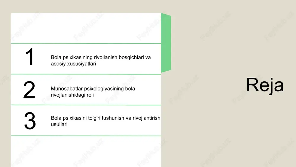 a boshlanadi. kognitiv xususiyatlar: fikrlash va muammo yechish 4-7 yoshda rivojlanadi. ijtimoiy xususiyatlar: ijtimoiy ko'nikmalar maktab yoshida shakllanadi. har bir xususiyat yoshga qarab rivojlanadi. emotsional nazorat 2-3 yoshda, fikrlash 4-7 yoshda, ijtimoiy ko'nikmalar esa maktab yoshida mukammallasadi, bu rivojlanishning asosiy bosqichlaridir. bola psixikasining asosiy xususiyatlari bola psixikasining rivojlanishiga ta'sir etuvchi omillar ichki va tashqi omillar bolalar psixikasining rivojlanishida muhim rol o'ynaydi. ichki omillar genetik va temperamentga ta'sir qiladi. ichki va tashqi omillar oila muhit, madaniyat va jamiyatning iqtisodiy holati bolalarning rivojlanishiga ta'sir qiladi. bu omillar muhitni shakllantiradi. oila, muhit va ta'lim ijtimoiy aloqalar, masalan, o'qituvchilar, do'stlar va jamoat, bolalarning ijtimoiy va emotsional rivojlanishida muhimdir. ijtimoiy aloqalar barcha omillar birga o'zaro ta'sir qiladi va bolalar psixikasining rivojlanishida kompleks ta'sir ko'rsatadi, bu esa rivojlanish jarayonini belgilaydi. omillarlarning o'zaro ta'siri rivojlanish jarayonida muhim jihatlar: bolaning psixikasidagi muhim jihatlar, masalan, emotsional barqarorlik, ijtimoiy ko'nikmalar va kognitiv rivojlanish, yoshga mos bo'lishi kerak. e'tibor berilishi lozim …