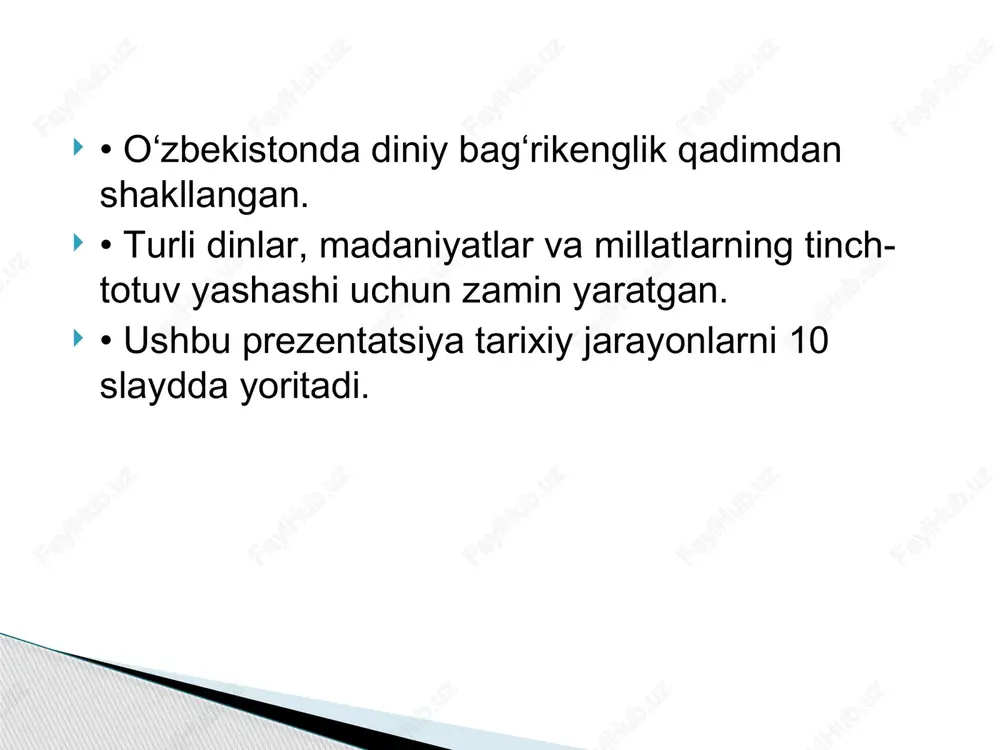 niy bagʻrikenglik chuqur tarixga ega. • qadimdan shakllangan totuvlik anʼanalari bugun ham davom etmoqda. • oʻzbekiston dunyodagi eng barqaror multikonfessional davlatlardan biridir. xulosa image1.jpeg /docprops/thumbnail.jpeg