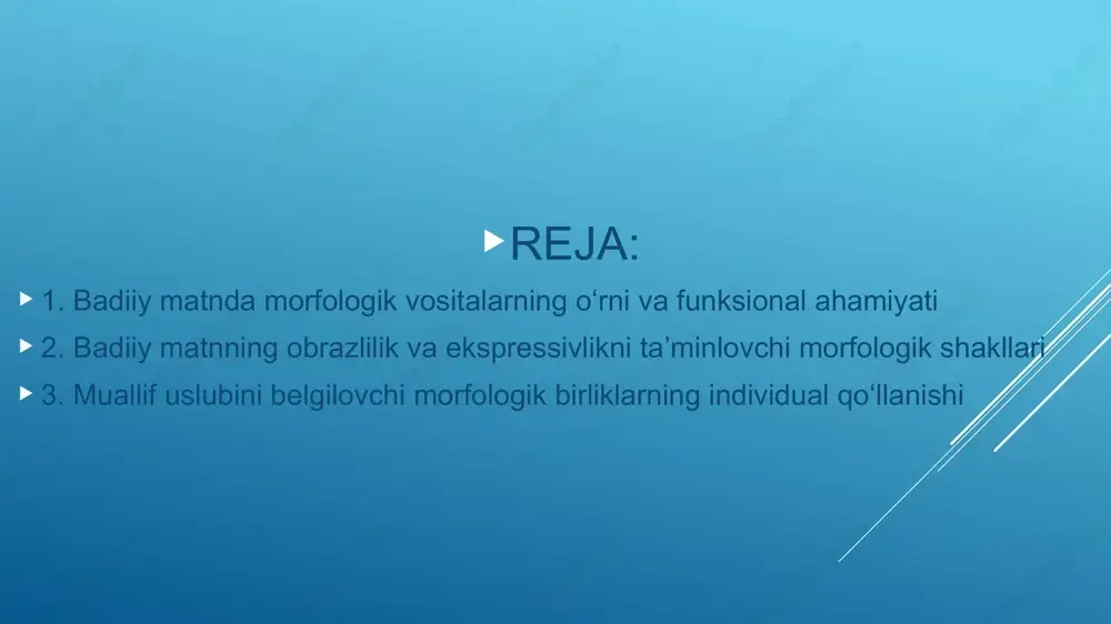 ni ifodalashda muhim funksional vosita hisoblanadi. fe’l zamonlari – hozirgi, o‘tgan, kelasi zamon va ularning ko‘plab shakllari badiiy nutqda dramatizatsiyani kuchaytiradi, voqea ketma-ketligini aniq ko‘rsatadi yoki voqelik va xotira orasidagi bog‘lanishni mustahkamlaydi. masalan, davomli harakat shakllari (“ketmoqda”, “o‘qiyapti”) tasvirning davomiyligini, tugallangan shakllar (“bordim”, “yig‘ladi”) esa voqeaning qat’iy sodir bo‘lganini ko‘rsatadi. fe’llarning tasvir kuchi, harakatni jonli ko‘rsatish qobiliyati badiiy matnning dinamikligini ta’minlaydi. olmoshlar badiiy matnda subyekt va obyektni aniqlashda, shaxslararo munosabatni ifodalashda, muallif pozitsiyasini yashirin ko‘rsatishda xizmat qiladi. birinchi shaxs (“men”) ko‘pincha lirizmni kuchaytiradi, ichki monolog uchun imkon yaratadi, ikkinchi shaxs (“sen”) esa murojaat, dialogiklik va psixologik yaqinlikni kuchaytiradi. uchinchi shaxs (“u”) esa badiiy matnning epik tusini oshiradi, voqea va qahramon masofasini belgilaydi. ba’zan olmoshlar muallifning yashirin ishtirokini ko‘rsatadi, hamdardlik yoki tanqid ohangini kuchaytiradi. olmoshlar badiiy matnda subyekt va obyektni aniqlashda, shaxslararo munosabatni ifodalashda, muallif pozitsiyasini yashirin ko‘rsatishda xizmat qiladi. birinchi shaxs (“men”) ko‘pincha lirizmni kuchaytiradi, ichki monolog uchun imkon yaratadi, …